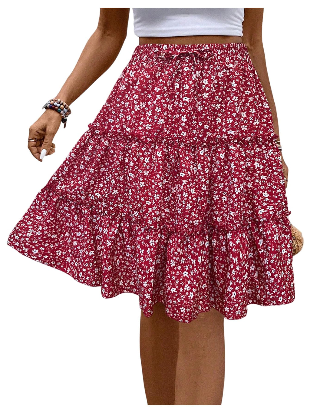 WDIRARA Women's Floral Print Ruffle Hem Elastic High Waist Tie Front Skirt Boho Red Large