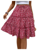 WDIRARA Women's Floral Print Ruffle Hem Elastic High Waist Tie Front Skirt Boho Red Large