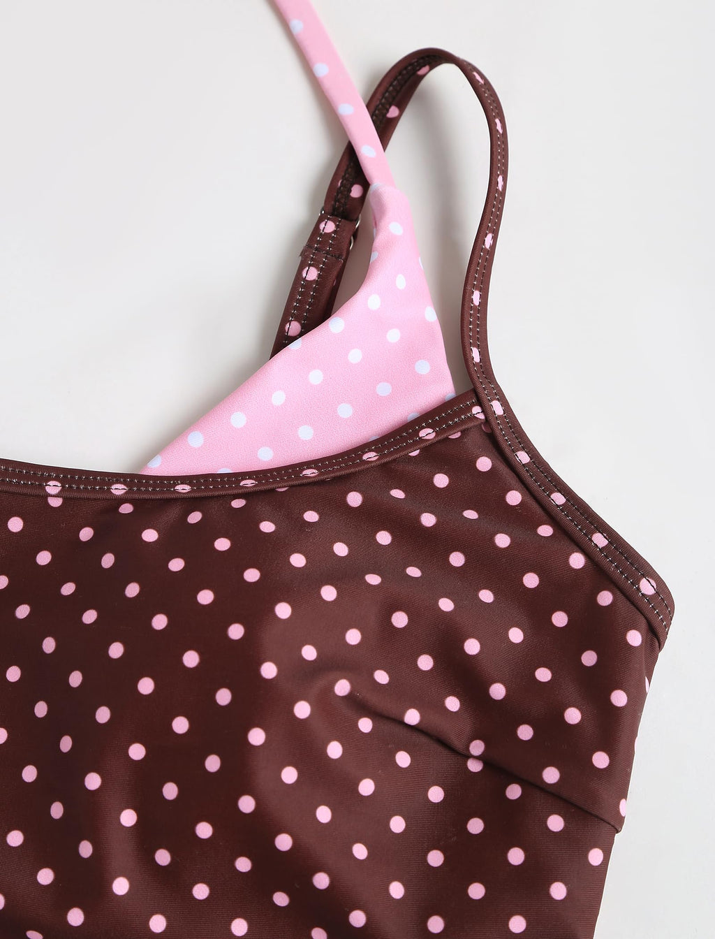 ZAFUL Women Double Layer Tankini Set Halter Color Block Swimsuit Tummy Control Two Piece Bathing Suit 1-Brown Polka Dots S