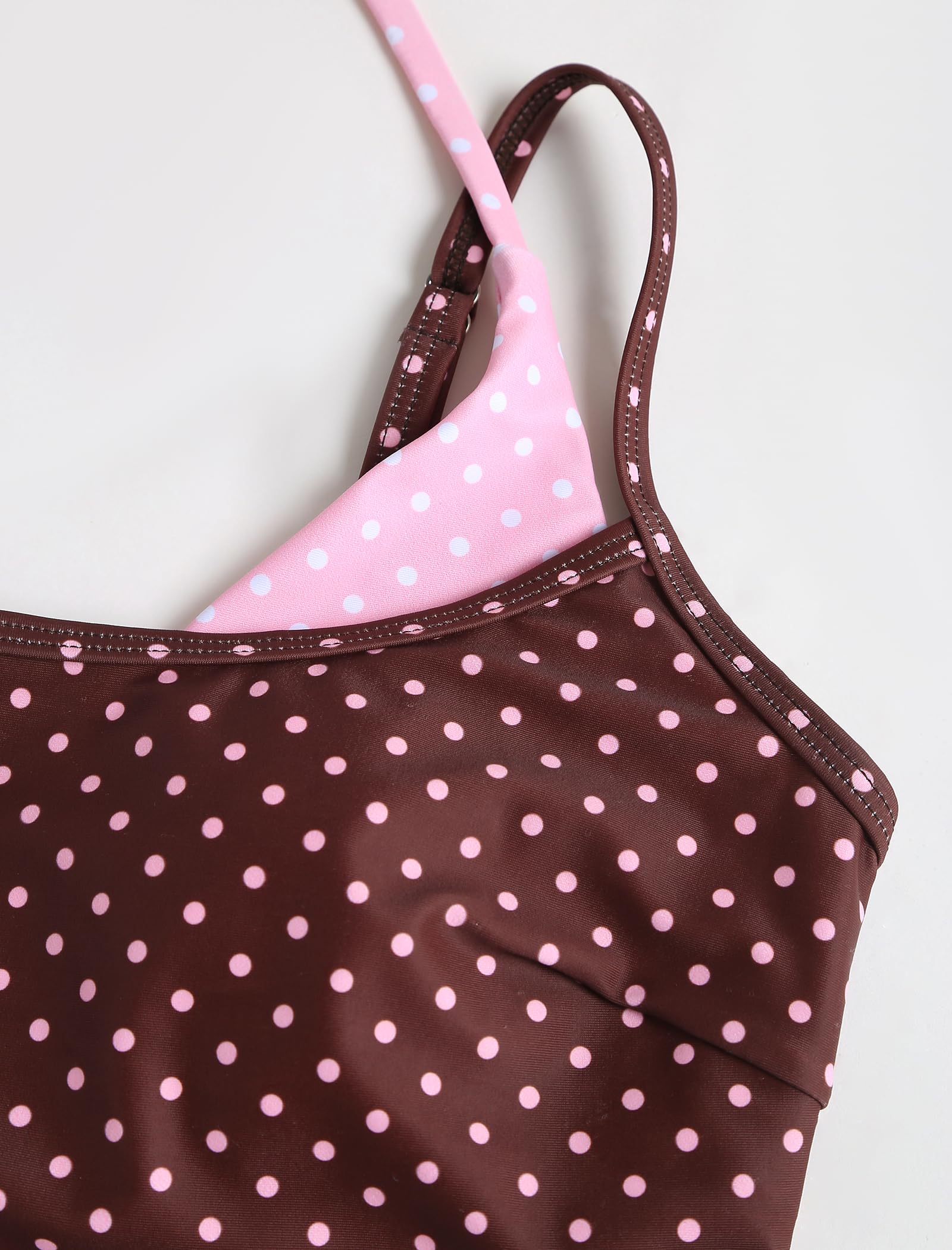 ZAFUL Women Double Layer Tankini Set Halter Color Block Swimsuit Tummy Control Two Piece Bathing Suit 1-Brown Polka Dots S