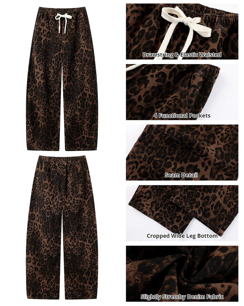 GRAPENT Elastic Waist Barrel Jeans for Women Wide Leg Jeans Women Leopard Print Barrel for Comfy Pants Crop Pants Womens Loose Womans Brown Leopard Size Large US 12 to 14