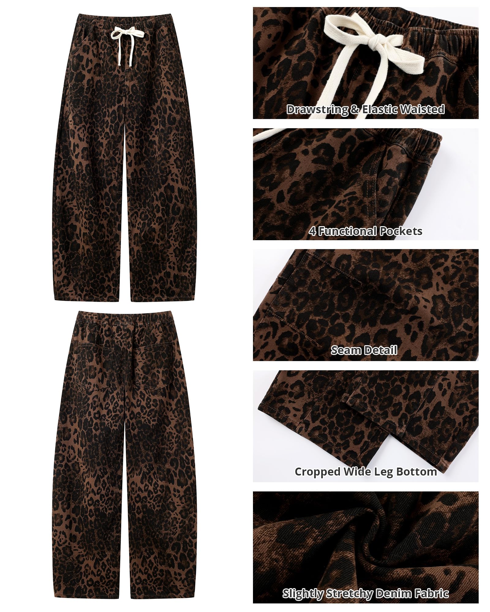 GRAPENT Baggy Jeans for Woman Womens Elastic Waist Jeans Leopard Barrel Womens Cropped Pants Pull on Pants Barrel Ladies Brown Leopard Size X-Large US 16 to 18