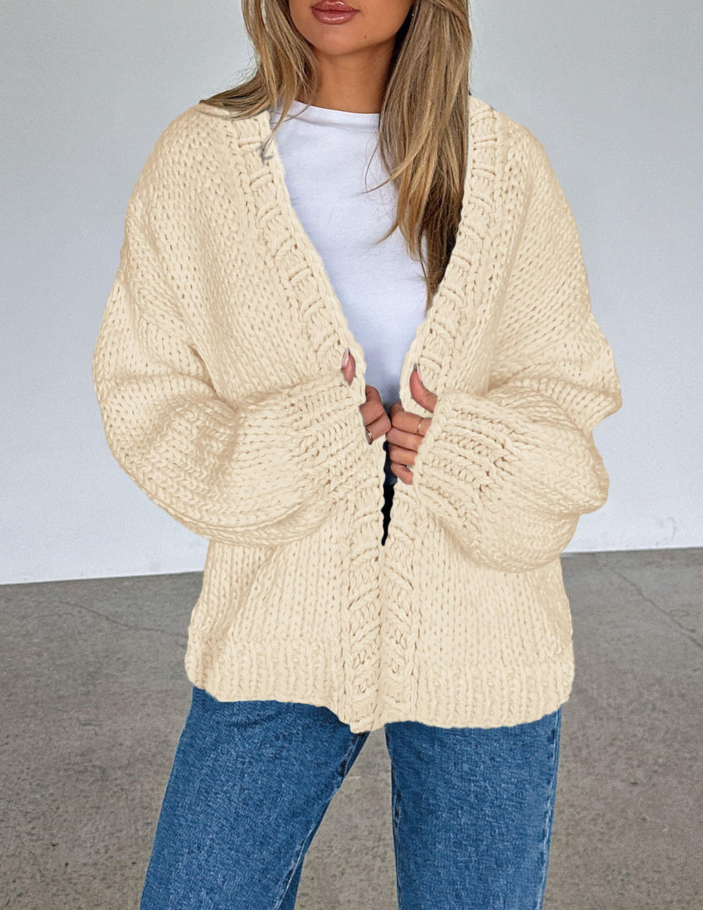 PRETTYGARDEN Cardigan Sweaters for Women Trendy Fall Fashion 2025 Long Sleeve Chunky Knit Cardigans Winter Clothing Outfits (Beige,Small)