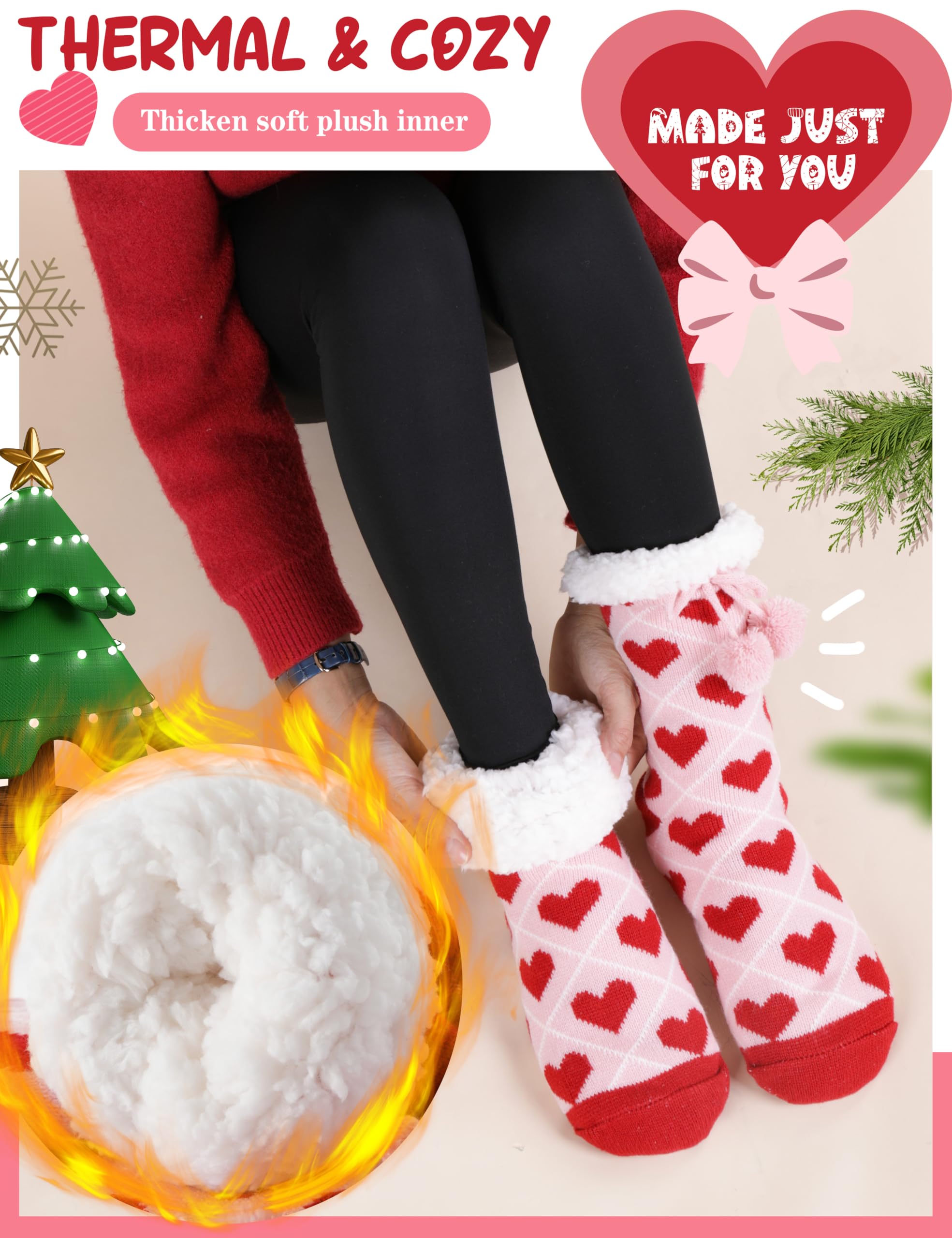 MOGGEI Fuzzy Slipper Socks for Women Galentines Day Gifts Fluffy Thermal Warm Winter Thick Cozy Non Slip Grips Plush Cabin Comfy Heart Socks Stocking Stuffers
