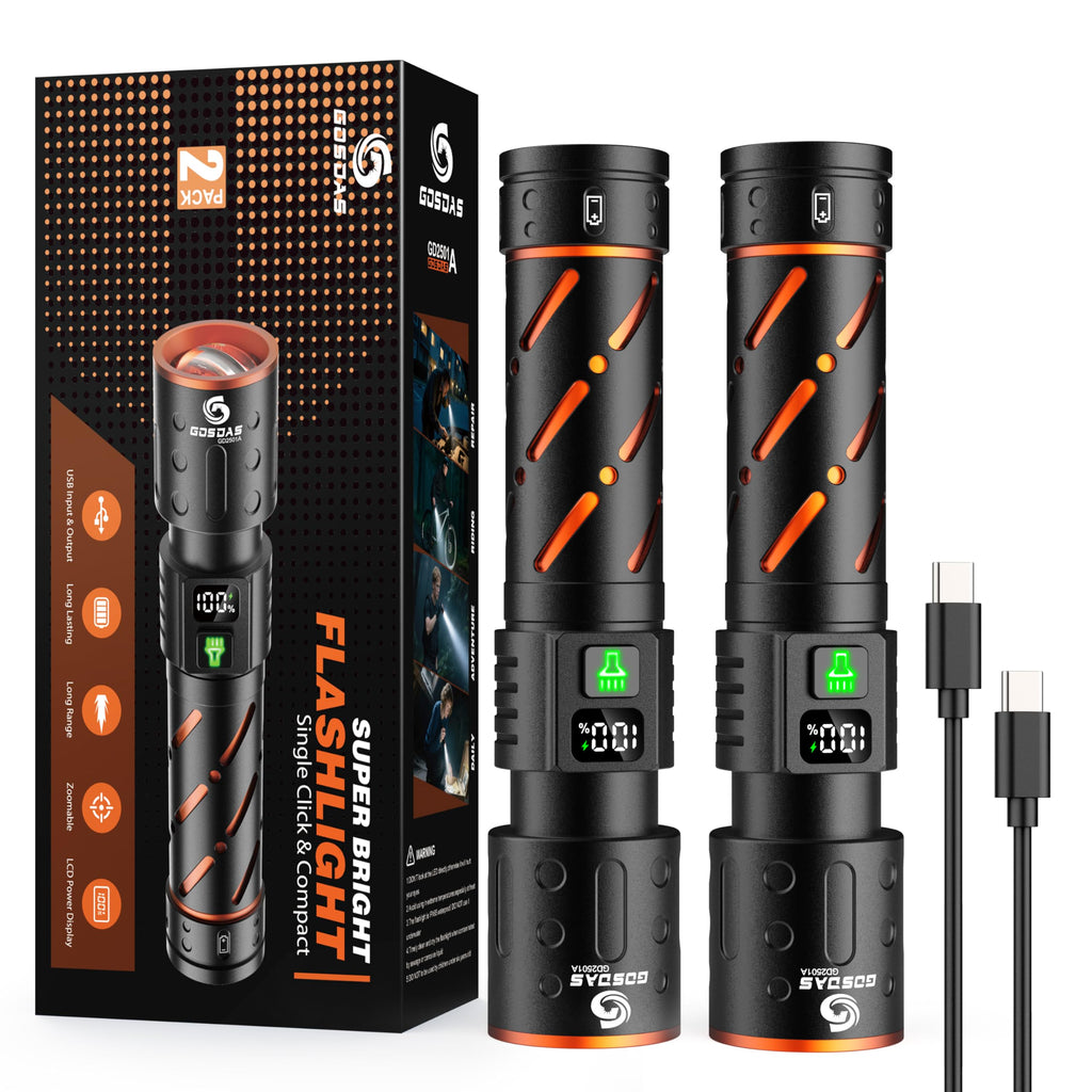 Gosdas Rechargeable Flashlights High Lumens 10000 2 Pack, Super Bright 30W LED, Long Lasting 12H, Single Click 3 Modes, Multifunctional USB C Input Output LCD Power Display, for Camping Hiking Home