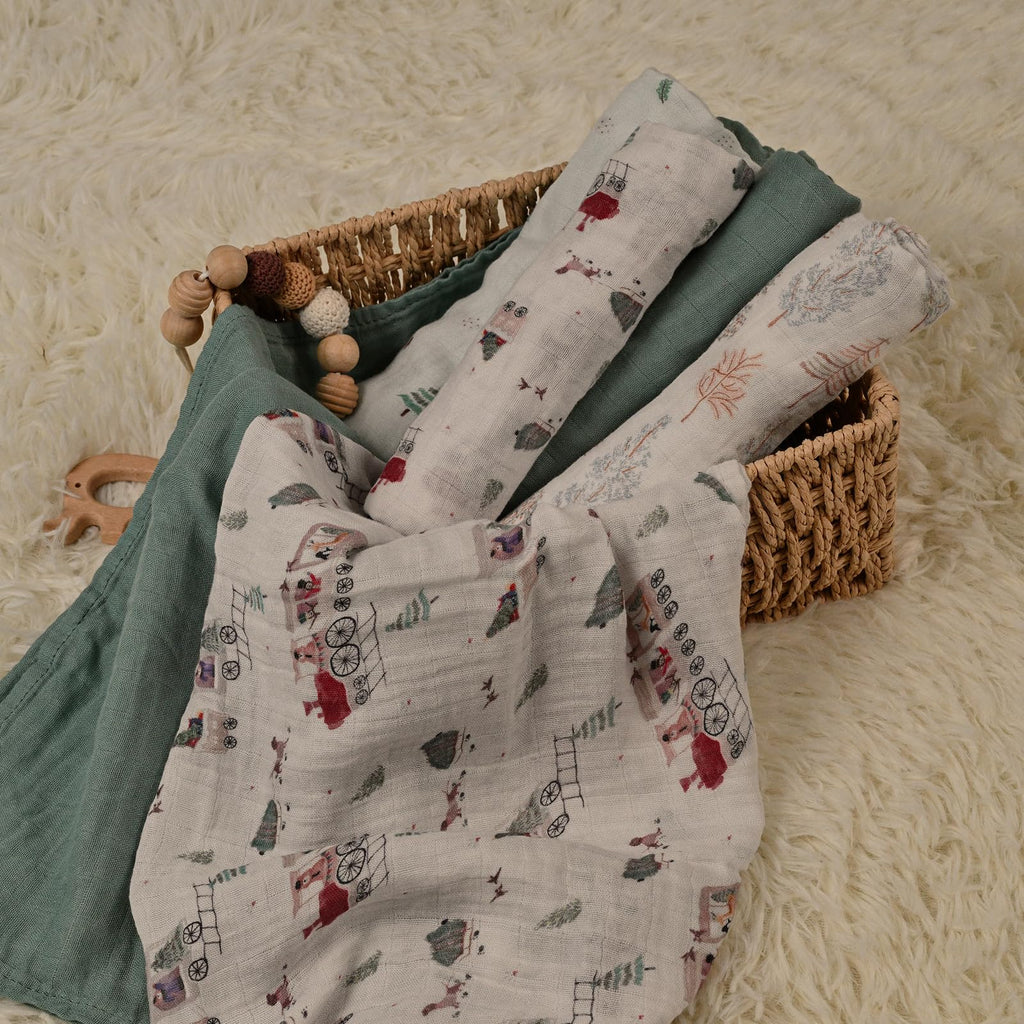 GLLQUEN BABY Receiving Blanket Boy Cotton Muslin Swaddle Blankets Girl Newborn Squares Breathable & Soft Thin Baby Blankets Cloths Double Absorbent Infant Swaddling Wrap - 6 Pack (Pine Tree & Train)