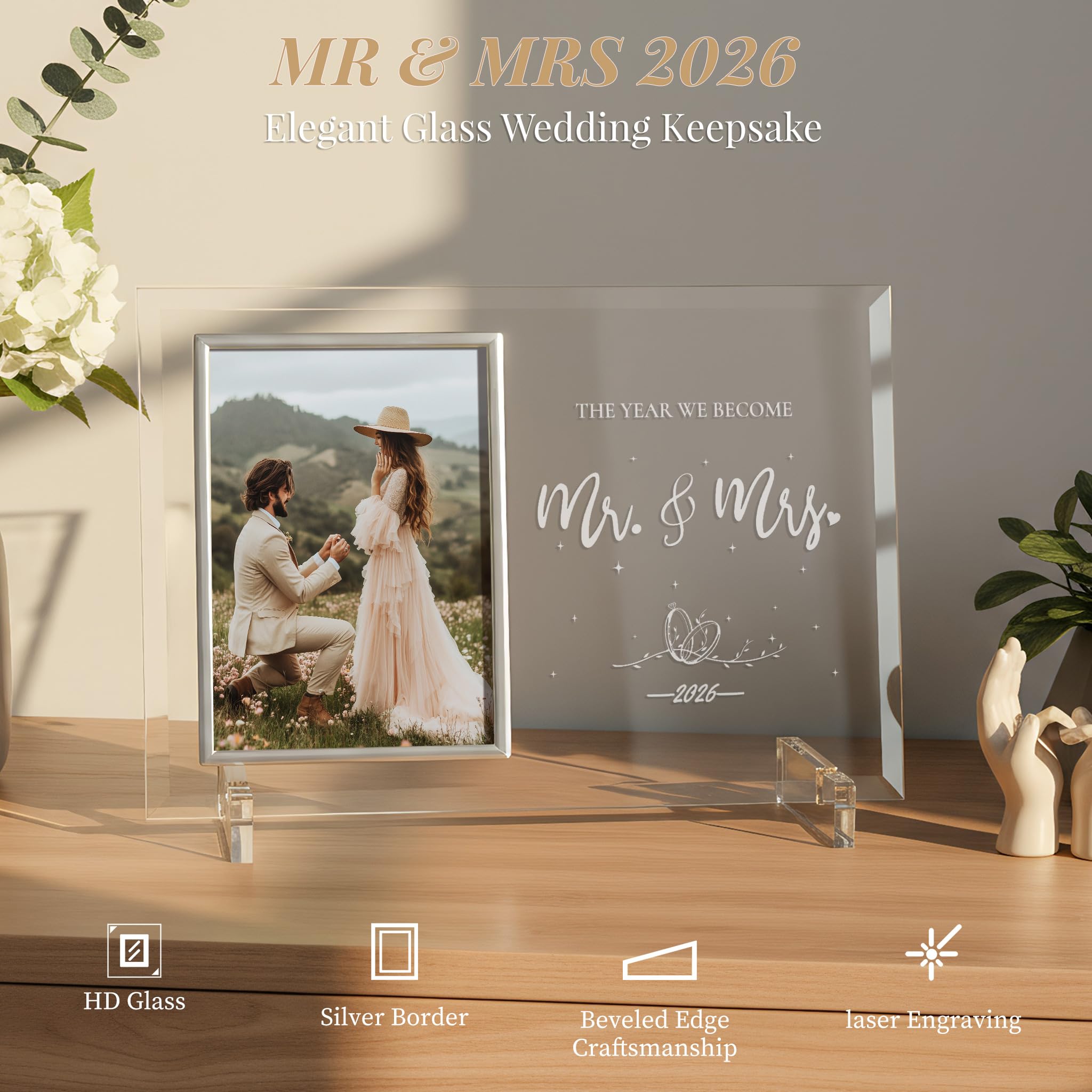 PIKPEOD Wedding Gifts for Couples 2026, Engagement Anniversary Mr and Mrs Presents for Newlyweds, Bridal Shower Gift for Bride to be, Personalized Glass Picture Frame 4x6 for His and Her