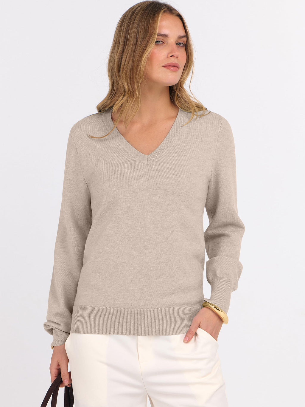 ANRABESS Womens Long Sleeve V Neck Sweaters 2025 Fall Casual Classic Soft Loose Fit Basic Pullover Jumper Top Almond Large