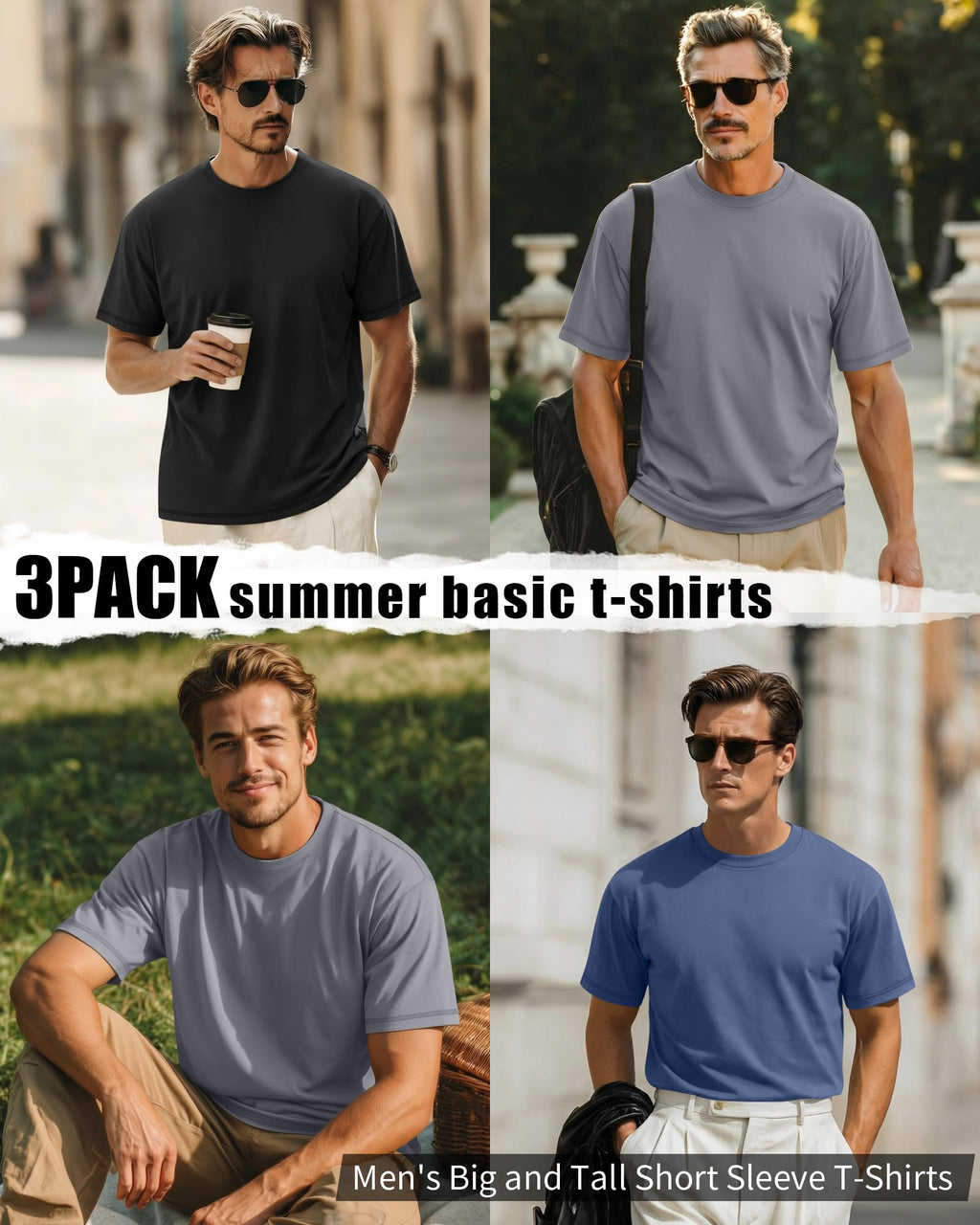 Neer 3 Pack Big and Tall Shirts for Men L-7xl, Short Sleeve Men Crewneck Tops Loose Casual Large T-Shirts Summer Basic Tee(Black, Light Gray, Blue,4X-Large)