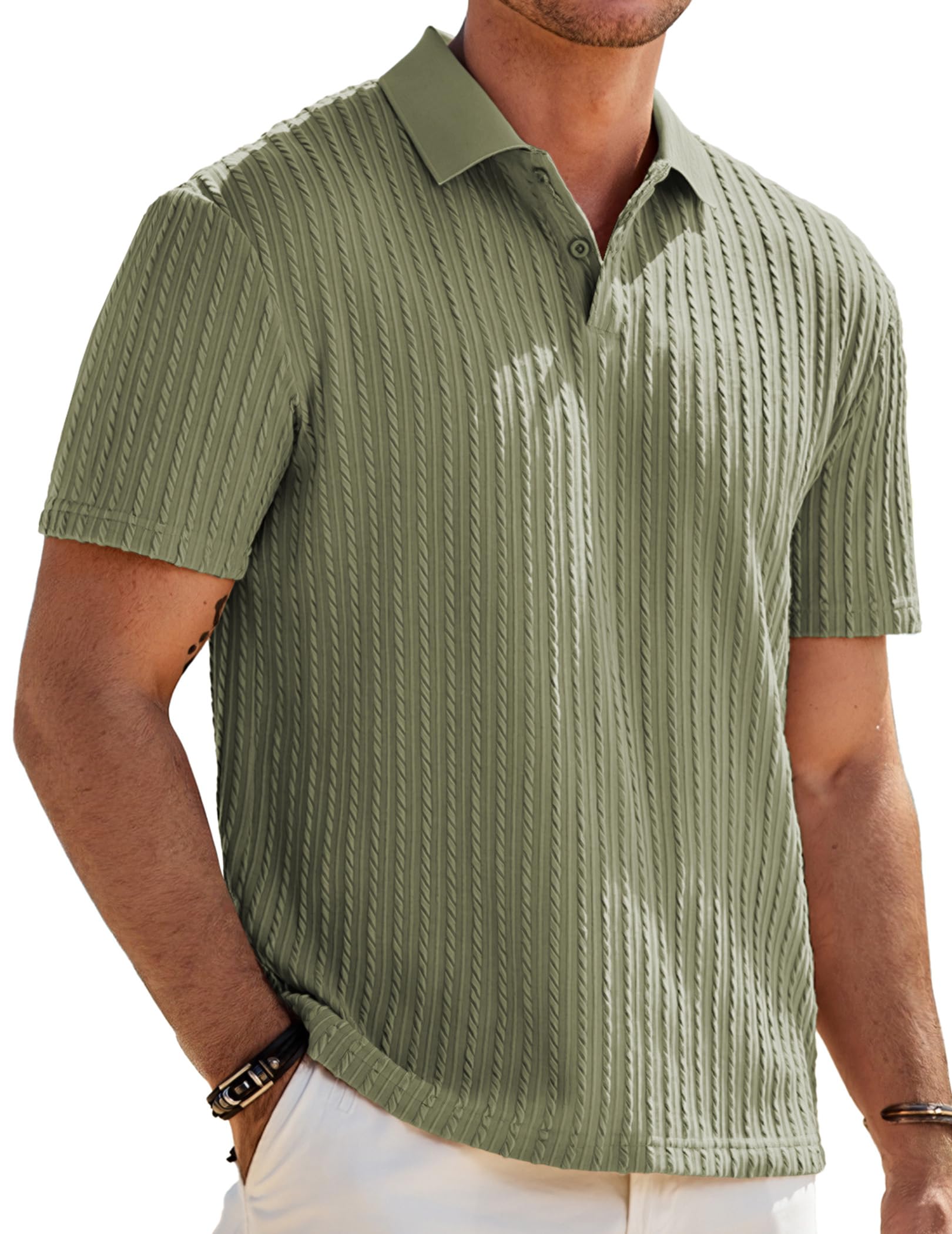 JMIERR Mens Polo Shirt Short Sleeve Casual Beach Green Button Up Vacation Spring Knit Shirt Texture, M