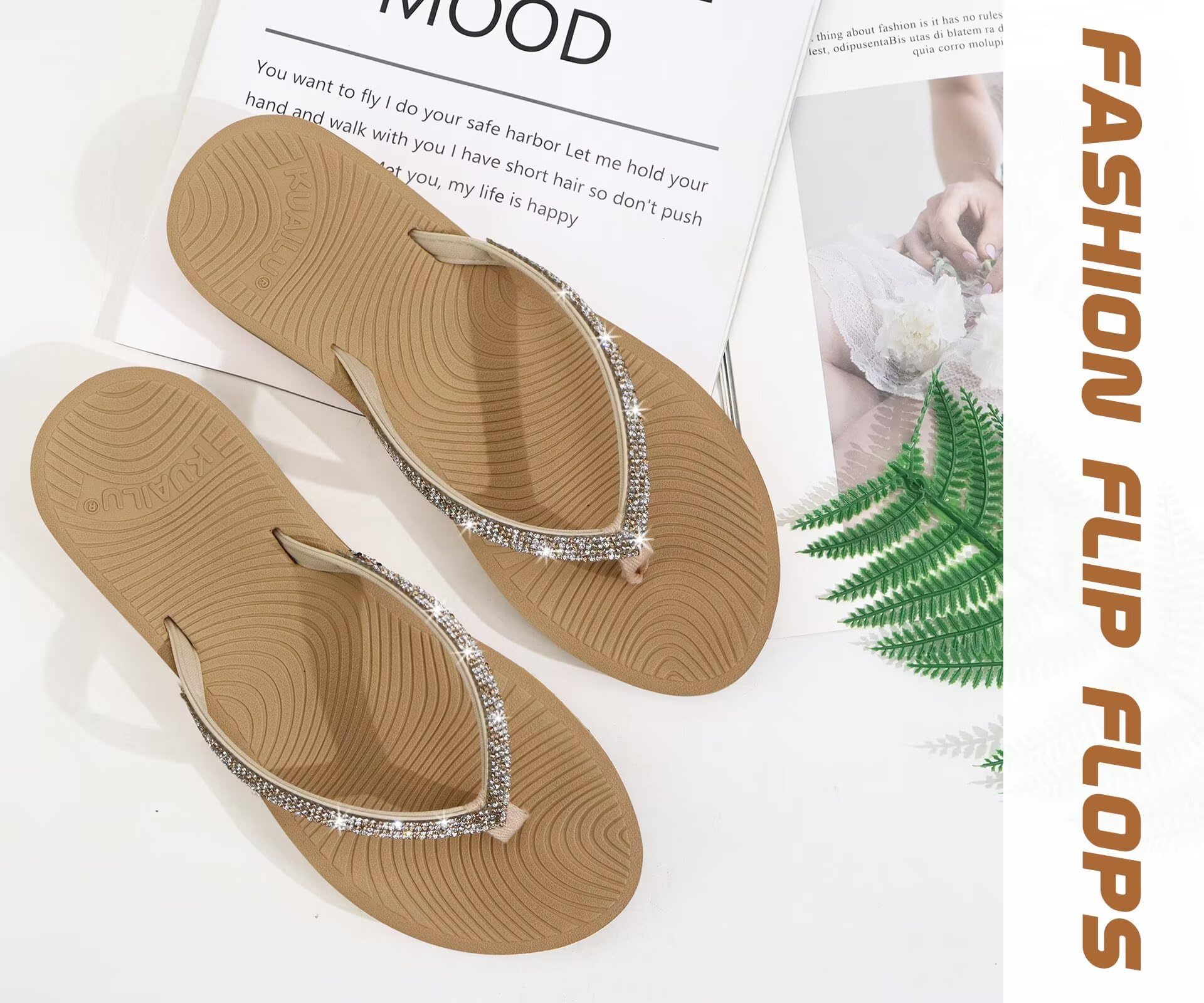KuaiLu Women's Rhinestone Flip Flops with Comfort Arch Support Yoga Mat Cushion Sandals Fashion Summer Beach Travel Walking Thong Orthopedic Sandles Slip on Plantar Fasciitis Beige 6