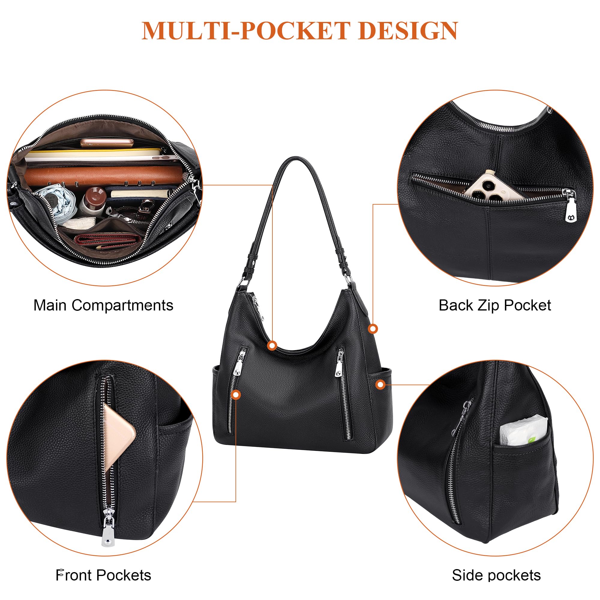 Over Earth Genuine Leather Purses for Women Medium Hobo Bag Lady Crossbody Handbags with 2 Detachable Straps(O150E UG Black)