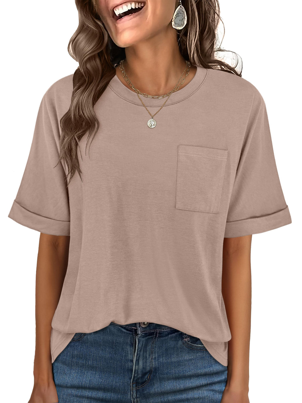 ANRABESS Women Oversized T Shirts Short Sleeve Summer Casual Loose Top Basic Tee with Pocket Khaki X-Large