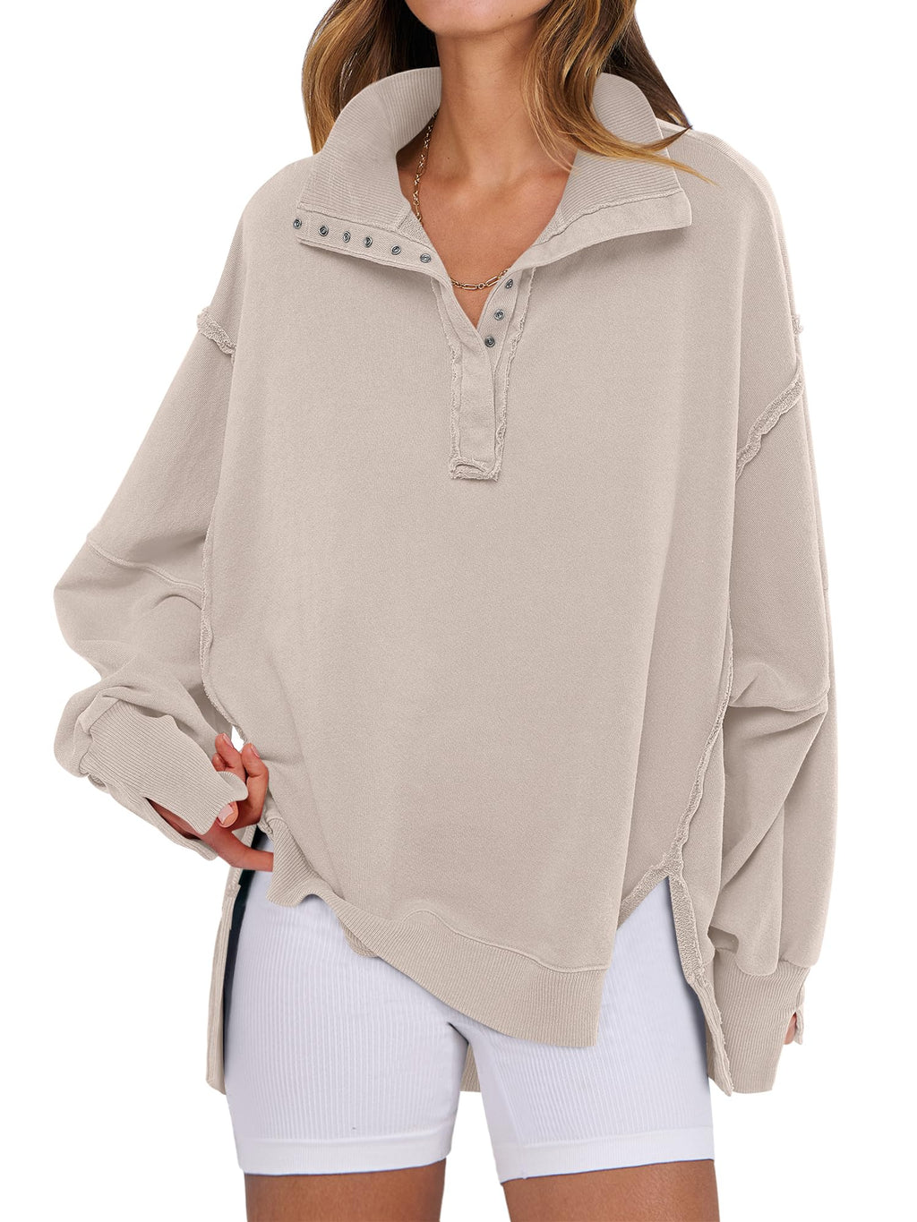 ANRABESS Women's Sweatshirts Oversized Casual Loose Button Up Henley Pullover Top High Low Split 2025 Fall Fashion Outfits Apricot Medium