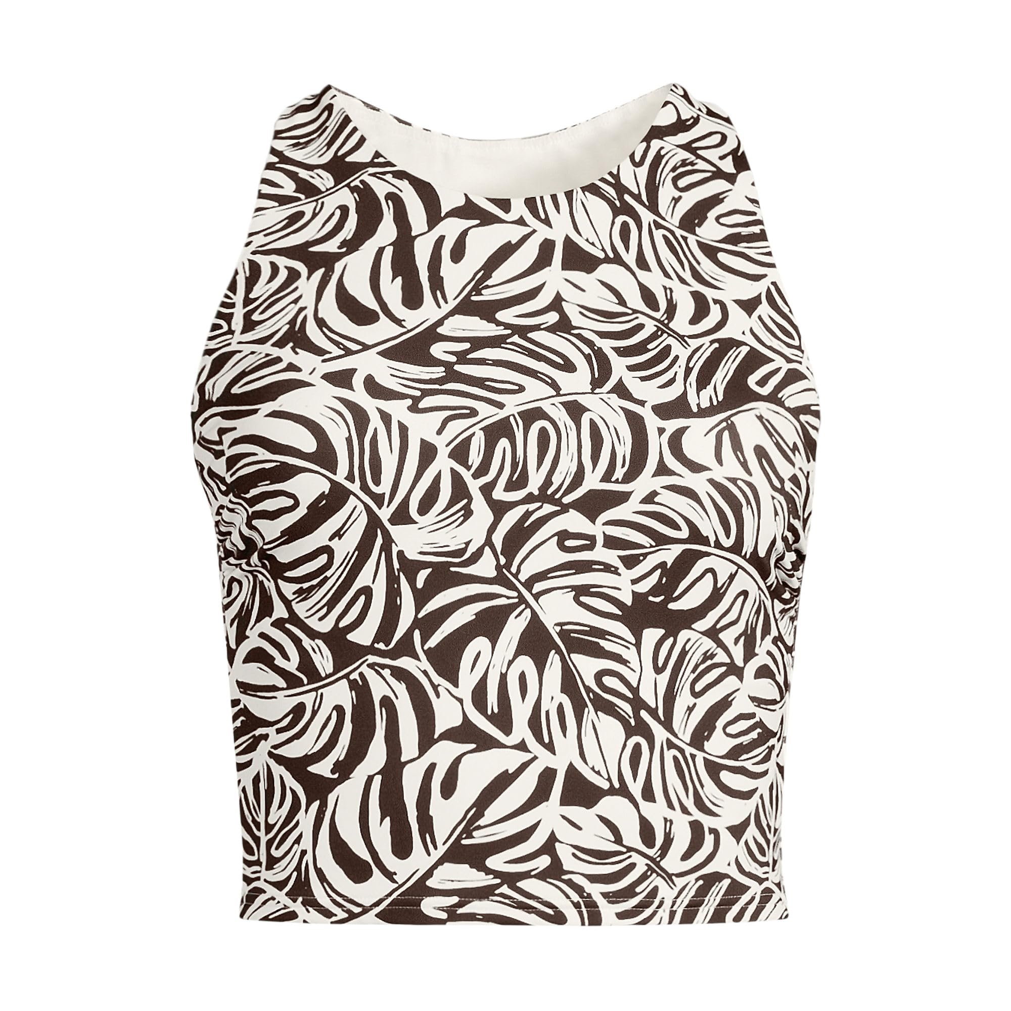 Lands' End Women's High Neck Racerback Midkini Top 2 Brown Mini Tropic Leaves