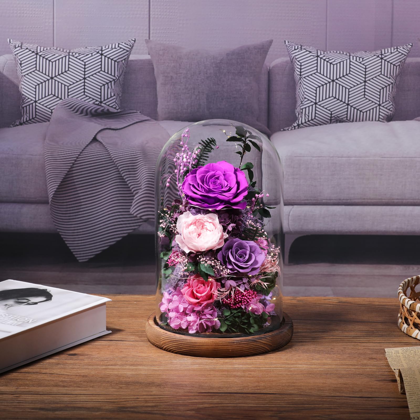 lovenfold Flowers for Delivery Preserved Flowers Rose in Glass Dome, Purple Rose Forever Flowers Birthday Gifts for Women Mom Grandma Friend Gifts for Her, Home Decor
