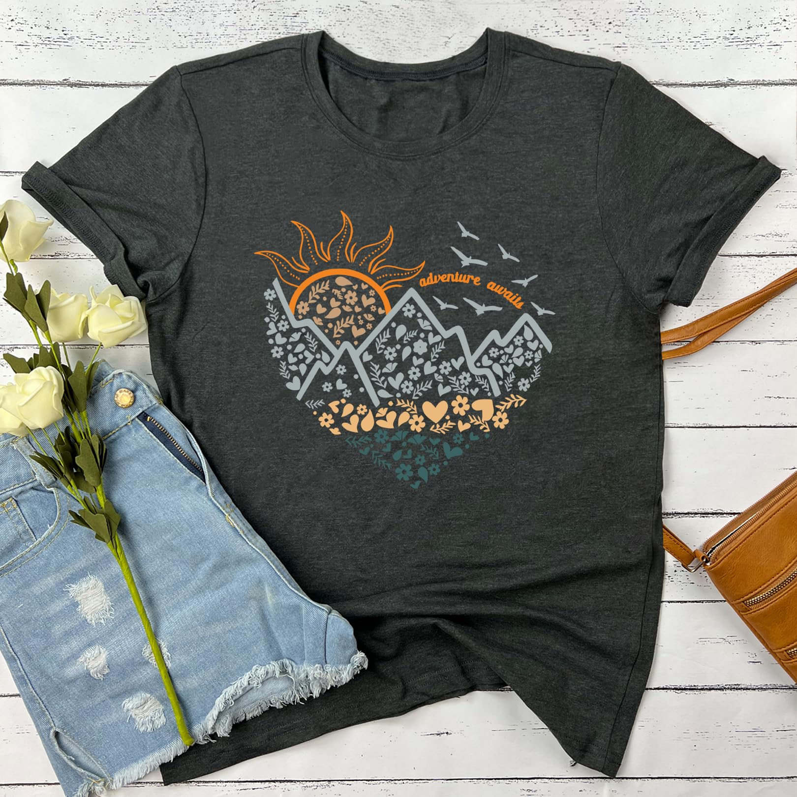 LOOKFACE Women Crewneck Cute Graphic Short Sleeve T Shirts Dark Grey Large