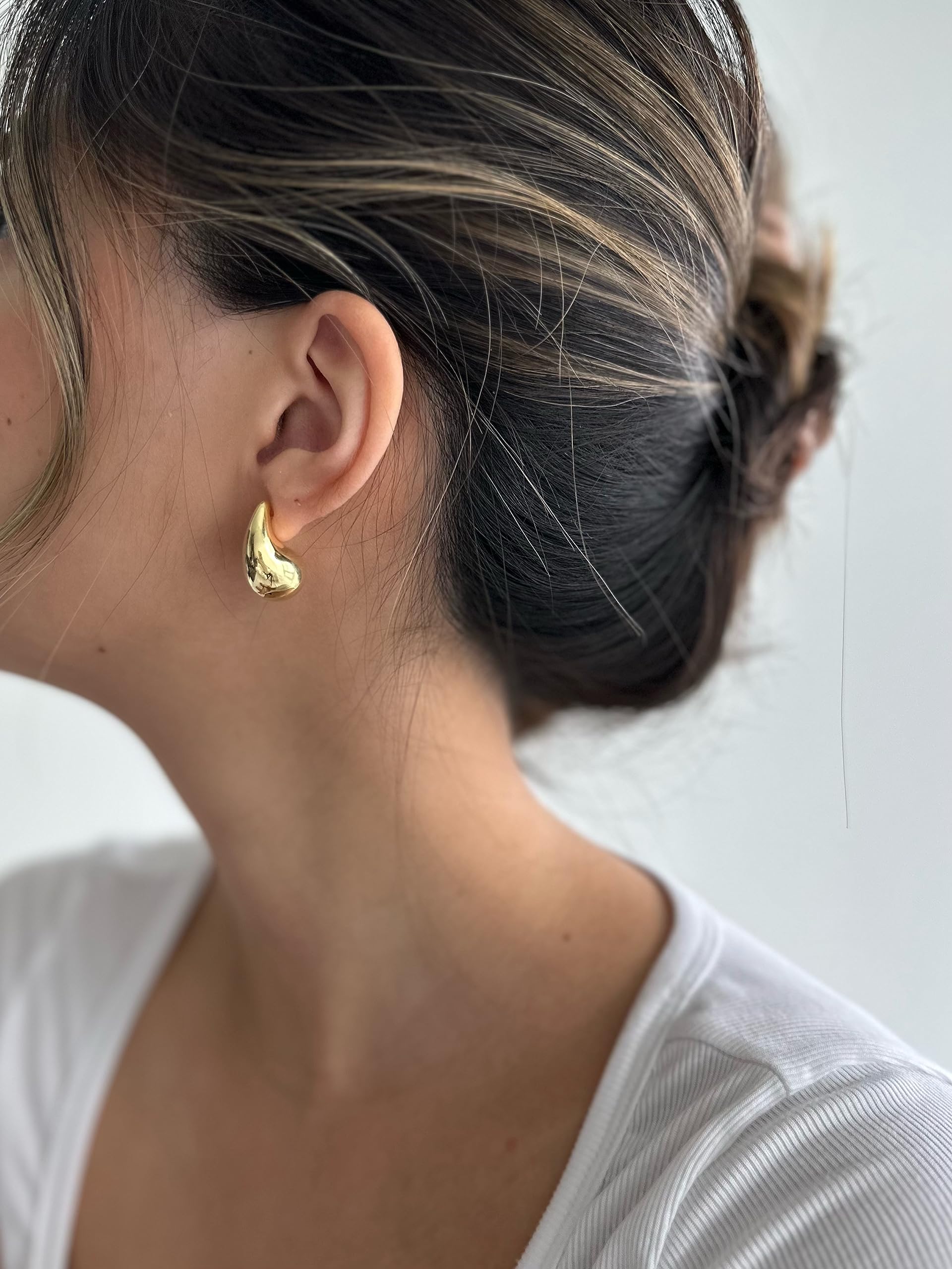 PAVOI 14K Gold Plated 925 Sterling Silver Post Teardrop Chunky Hoop Earrings - Lightweight Drop Yellow for Women - 22mm Designer Dupe Earrings