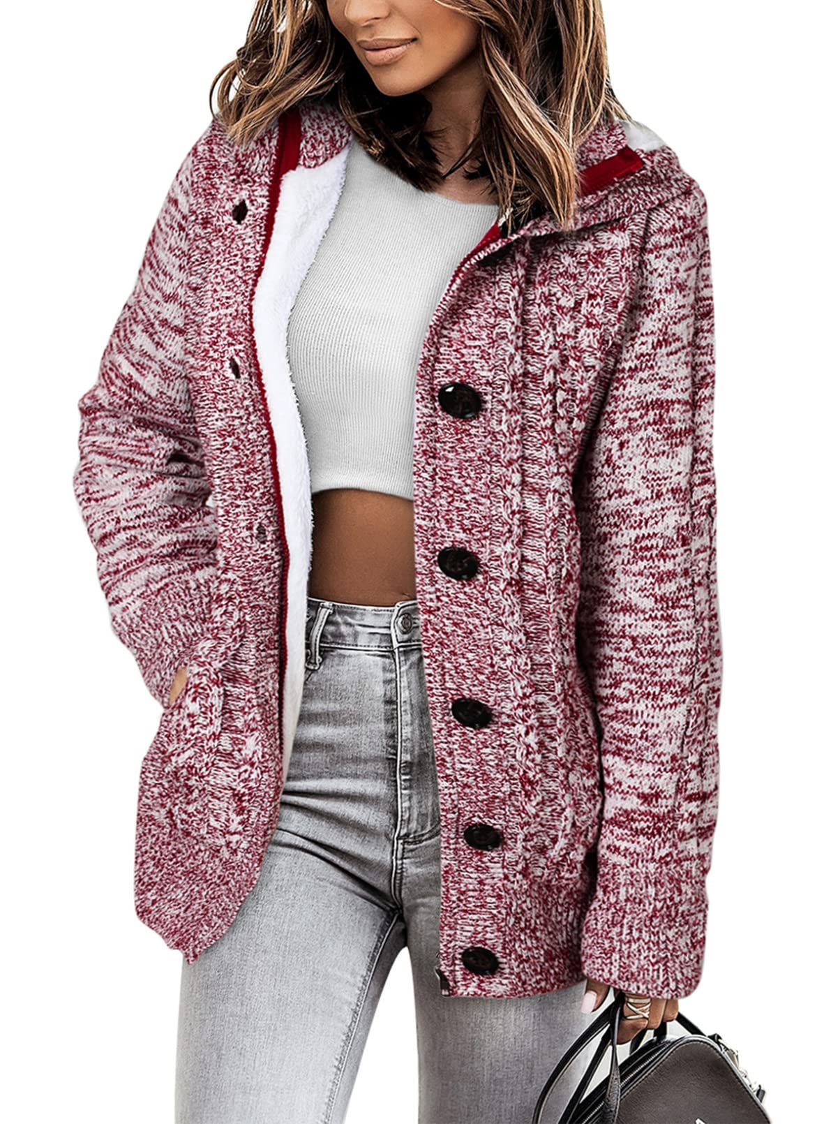Sidefeel Women's Cardigan Hooded Fleece Lined Jackets Winter Cable Knit Sweater Coat Medium Red