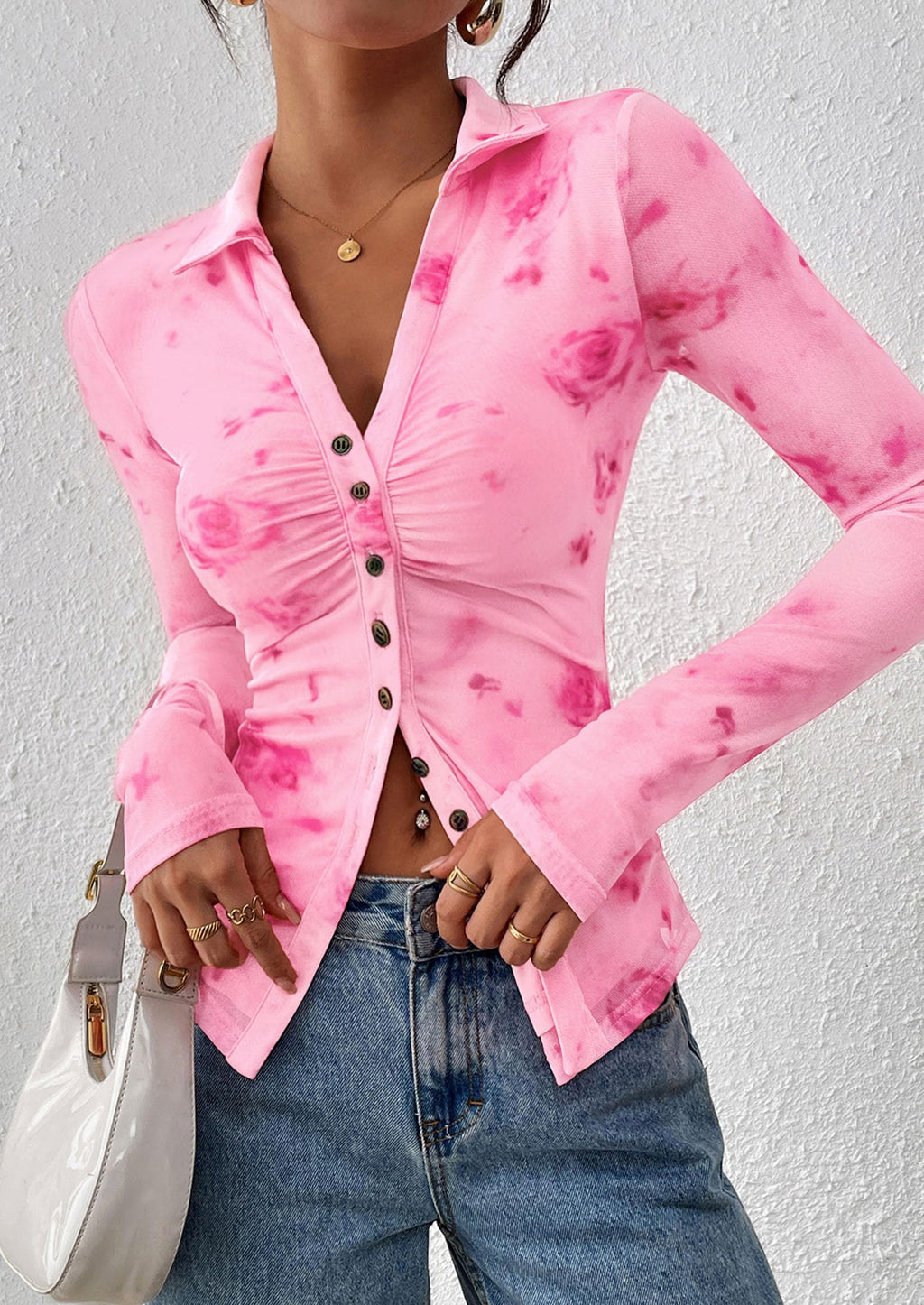 PRETTYGARDEN Women Button Down Floral Shirts 2026 Fall Trendy Long Sleeve V Neck Mesh Boho Blouse Spring Tops Date Outfits (Pink,Large)