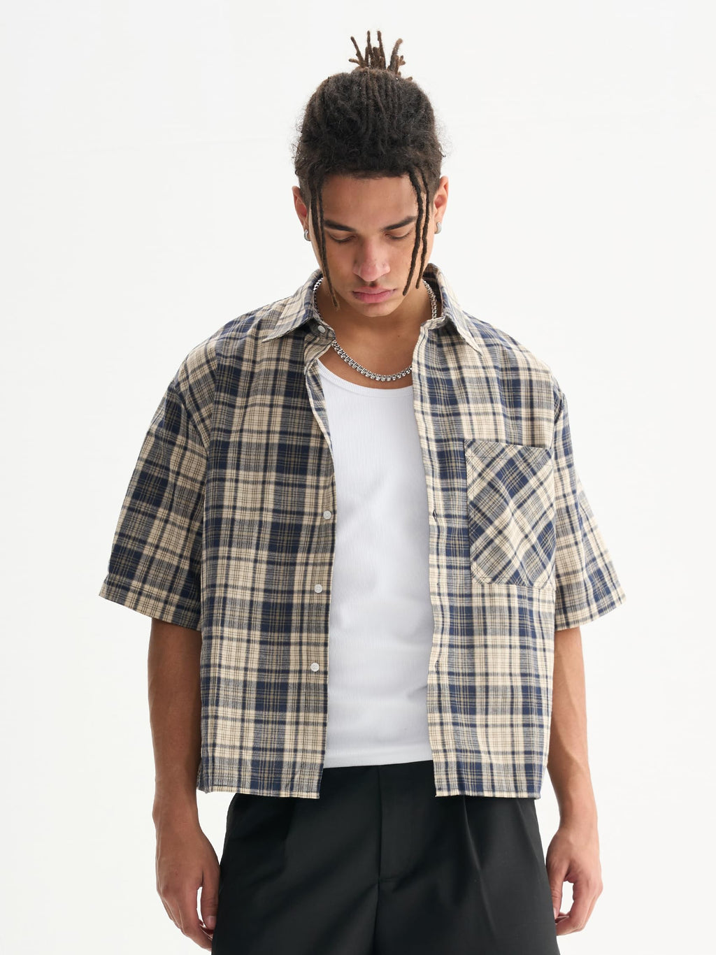Comfy Quality Boxy Fit Cropped Check Men's T-Shirts Streetwear Short Sleeve Button Down Tops Shirts for Man (US, Alpha, Large, Regular, Regular, Blue)
