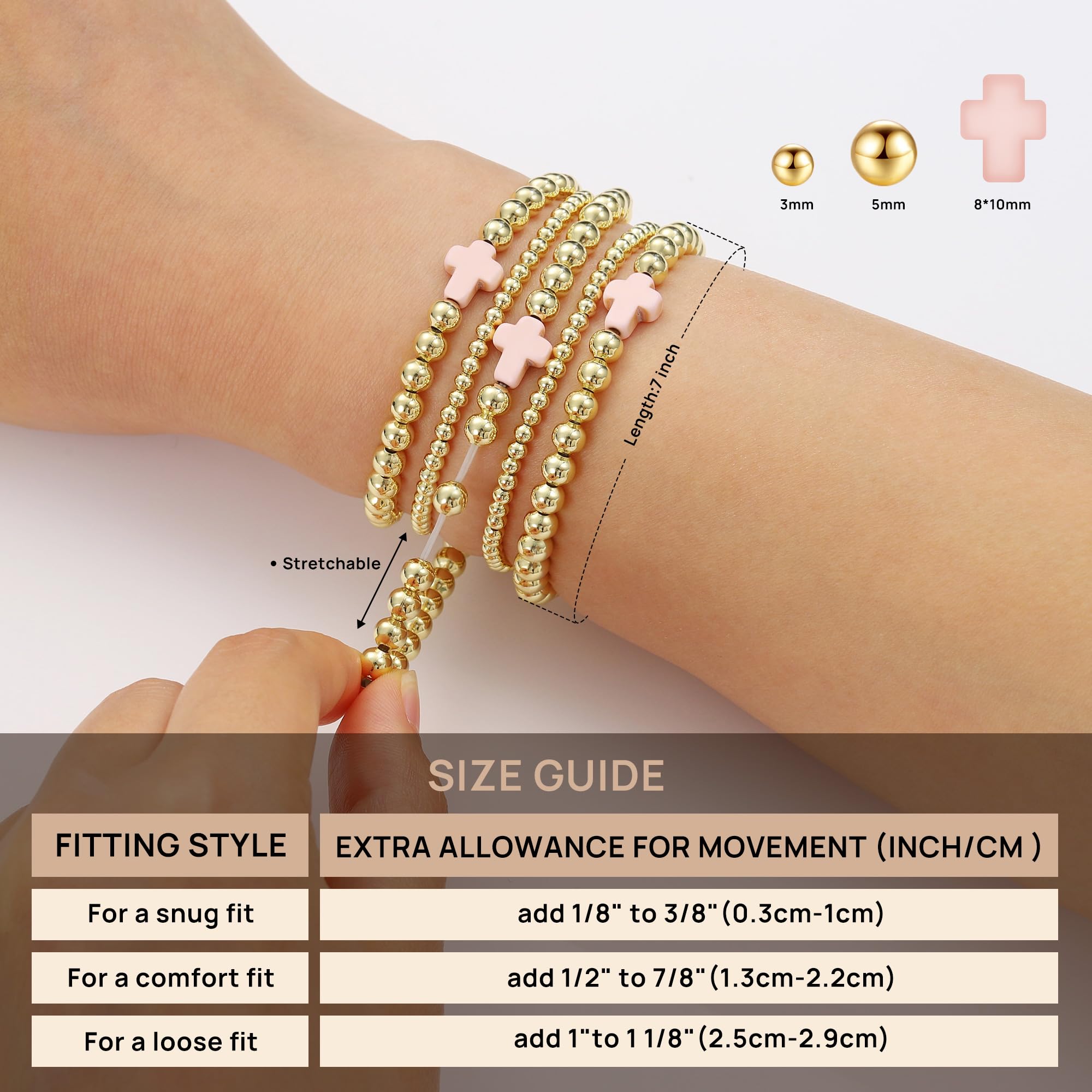 Yoosteel Gold Beaded Bracelets Set for Women - Valentines Gifts for Her Kids 14k Gold-Plated Dainty Round Bead Cross Pearl Bracelet for Women Teenage Girl Gifts Stackable Bracelet Jewelry 5 PCS
