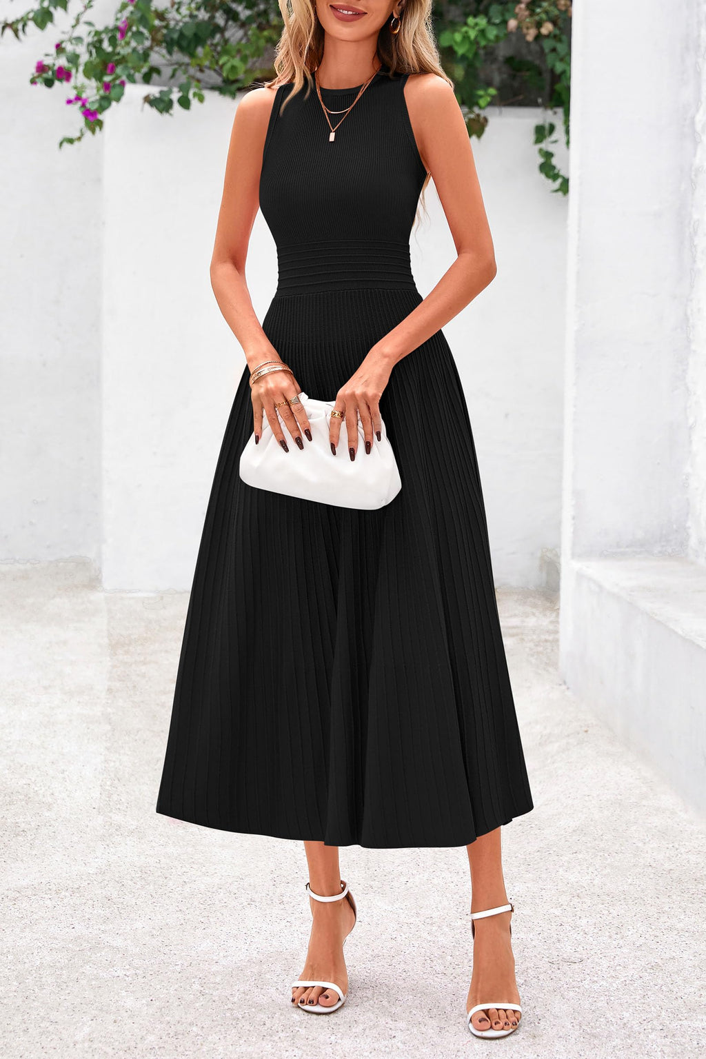 PRETTYGARDEN Spring Casual Dresses for Women 2026 Summer Business Work Midi Sleeveless A Line Pleated Cocktail Dress(Black,Medium)