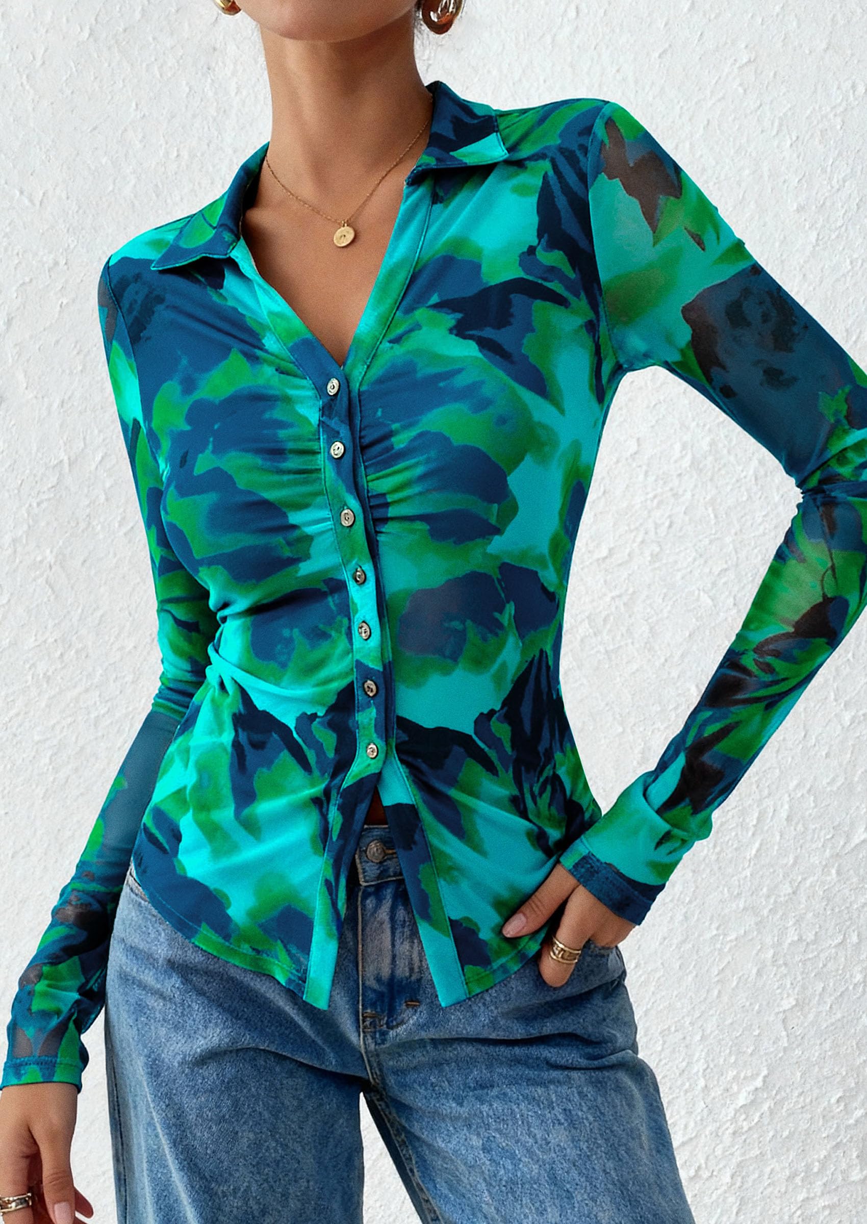 PRETTYGARDEN Women Button Down Floral Shirts 2026 Fall Trendy Long Sleeve V Neck Mesh Boho Blouse Spring Tops Date Outfits (Floral Blue Green,Large)