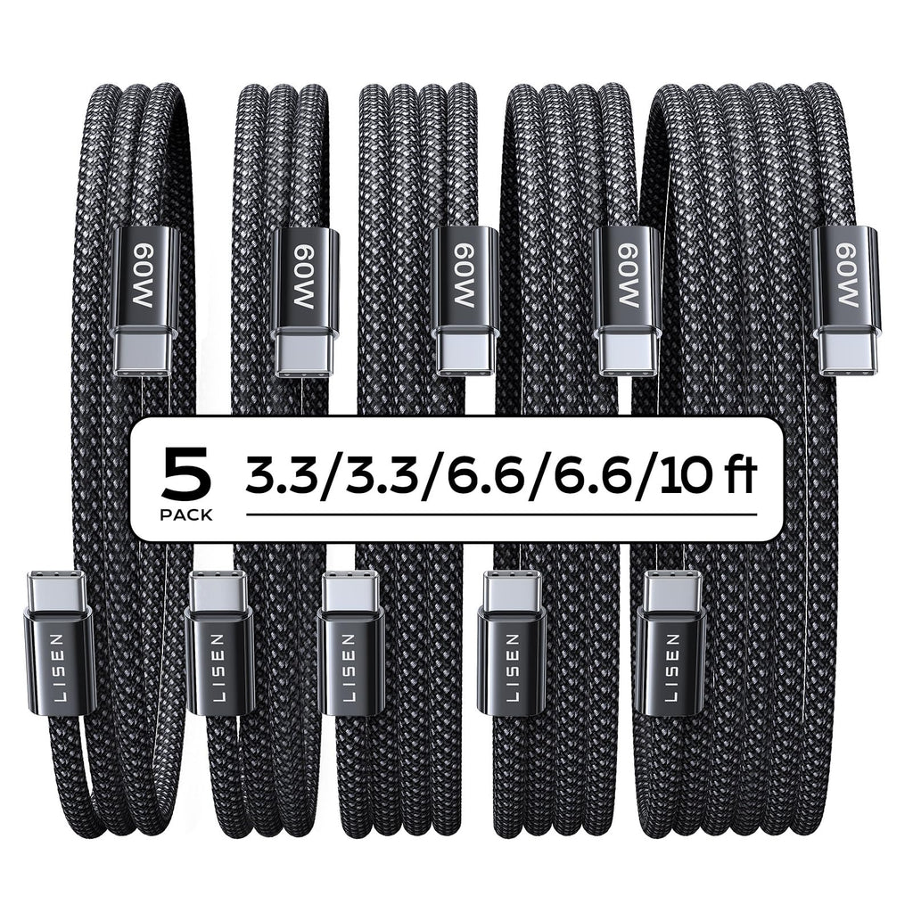 LISEN USB C to USB C Cable, 5-Pack [3.3/3.3/6.6/6.6/10FT] for iPhone 17 Charger Cord, 60W C to C Cable Fast Charging for iPad, iPhone 17 Air 16 15 Pro Max, Samsung Z Flip 7/S25/S24 USBC to USBC Cable