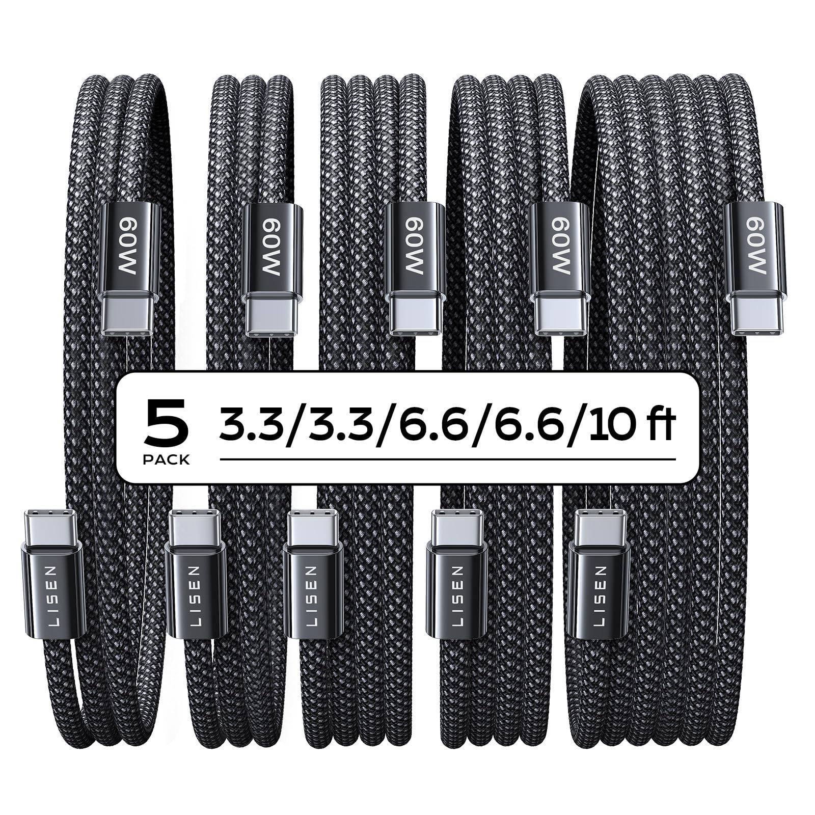 LISEN USB C to USB C Cable, 5-Pack [3.3/3.3/6.6/6.6/10FT] for iPhone 17 Charger Cord, 60W C to C Cable Fast Charging for iPad, iPhone 17 Air 16 15 Pro Max, Samsung Z Flip 7/S25/S24 USBC to USBC Cable