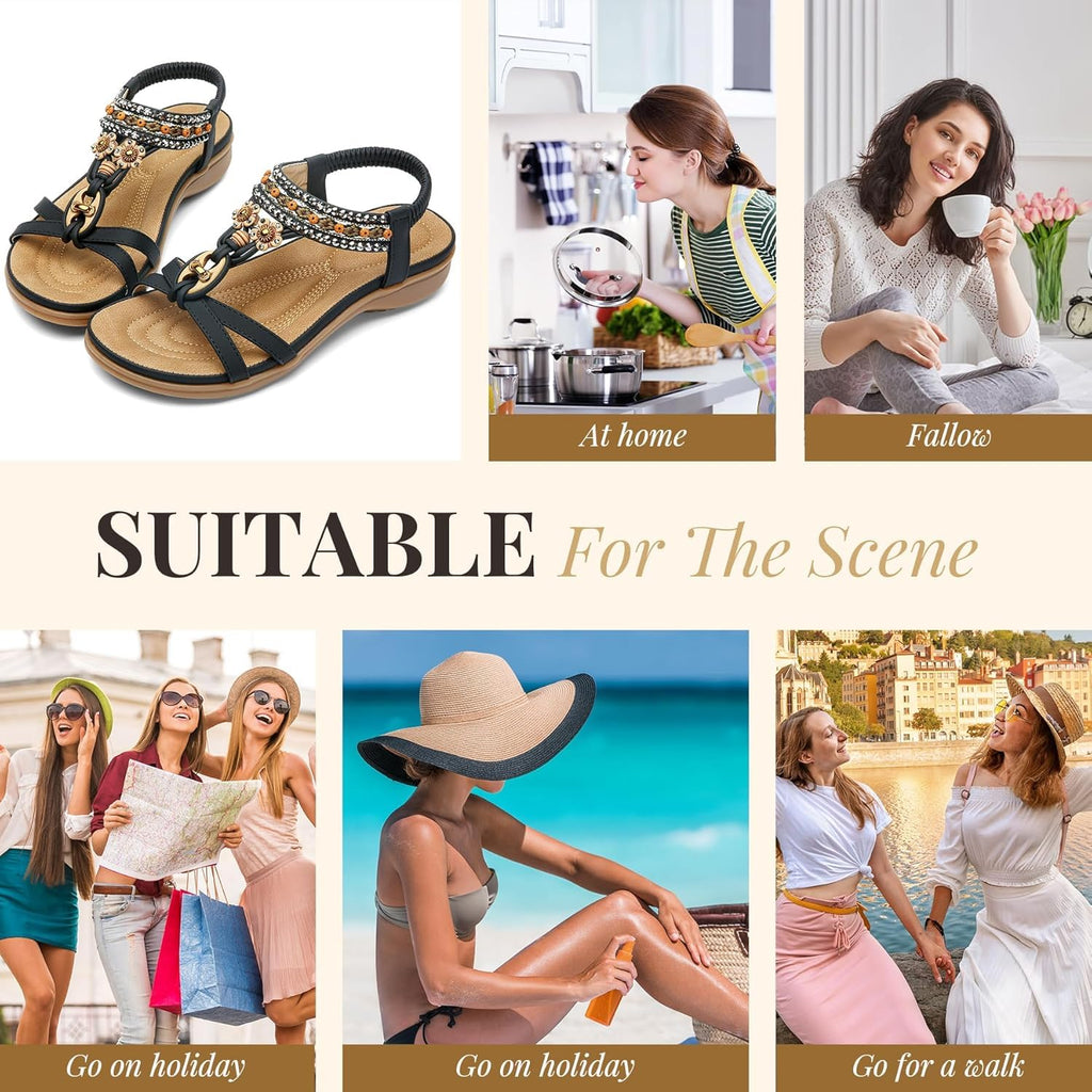 Littleplum Womens Sandals Arch Support Bohemian T-Strap Flower Rhinestone Sandals Women's Non Slip Summer Beach Flat Sandals Black Size 8