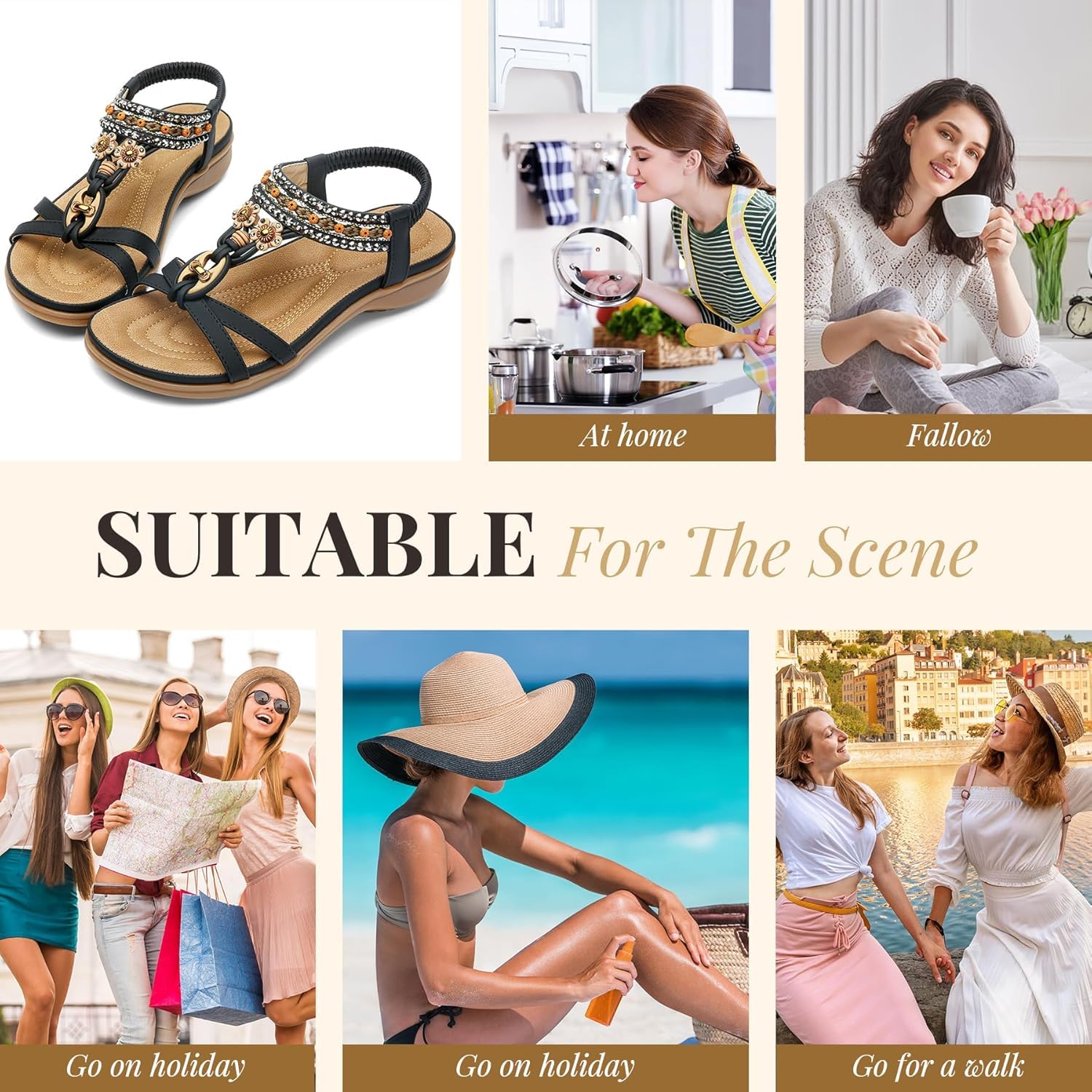 Littleplum Womens Sandals Arch Support Bohemian T-Strap Flower Rhinestone Sandals Women's Non Slip Summer Beach Flat Sandals Black Size 8
