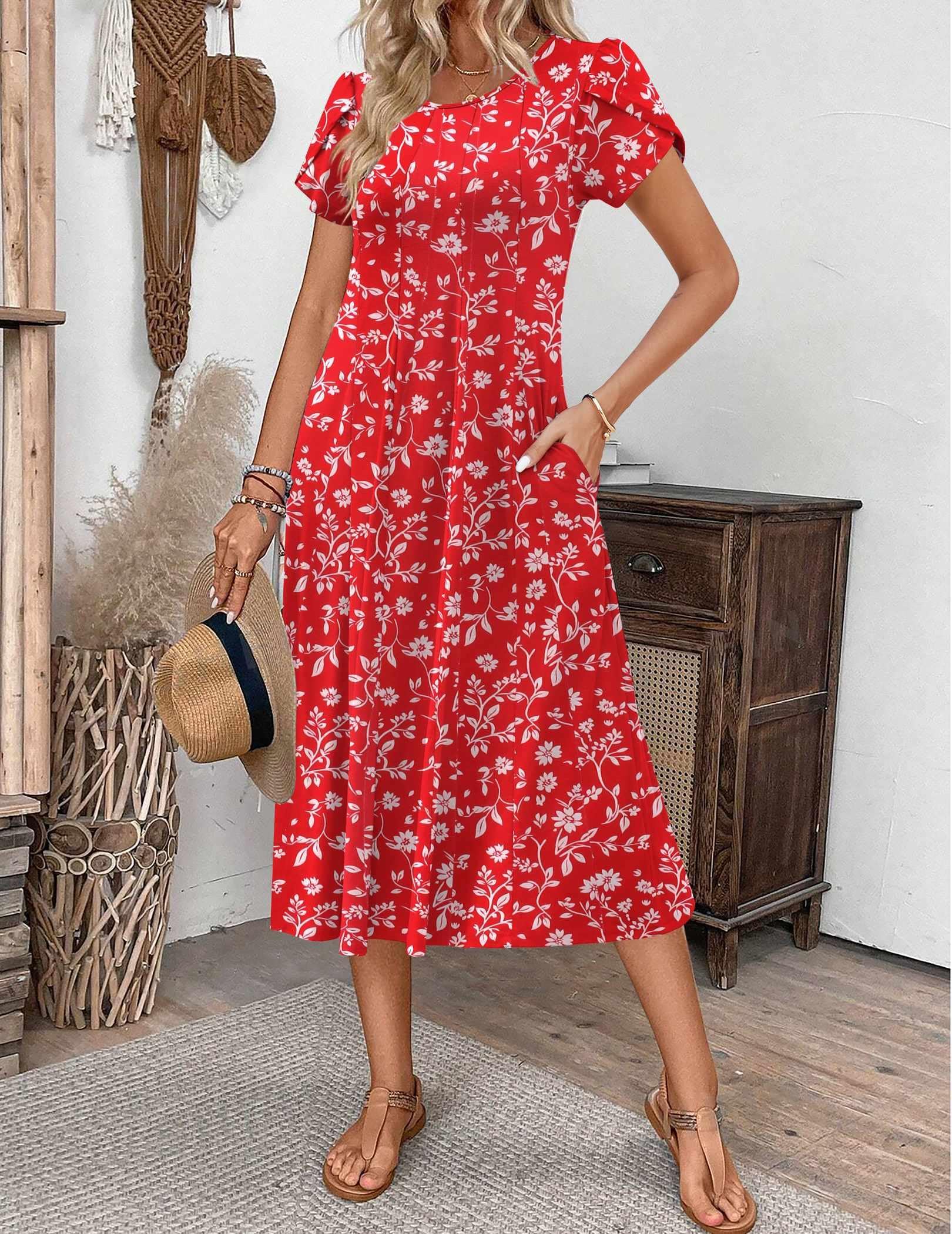 Zeagoo Floral Summer Dress for Women Cotton Shirt Dresses Midi Length Flowy Boho Beach Sundress Vocation Sun Dress, Red Floral,XXL