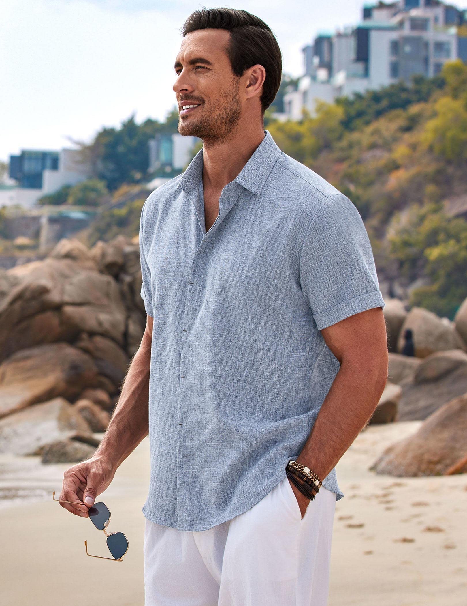 COOFANDY Men's Linen Shirt Casual Shirts Short Sleeve Shirts Button Down Linen Beach Shirts for Men Summer Outfit Light Denim Blue