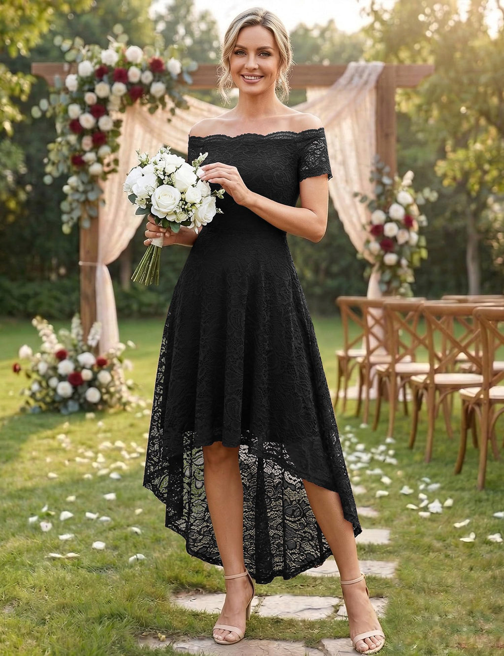 Dressystar Women's Lace Cocktail Dress Hi-Lo Off Shoulder Bridesmaid Swing Formal Party Dress 0042 Black M