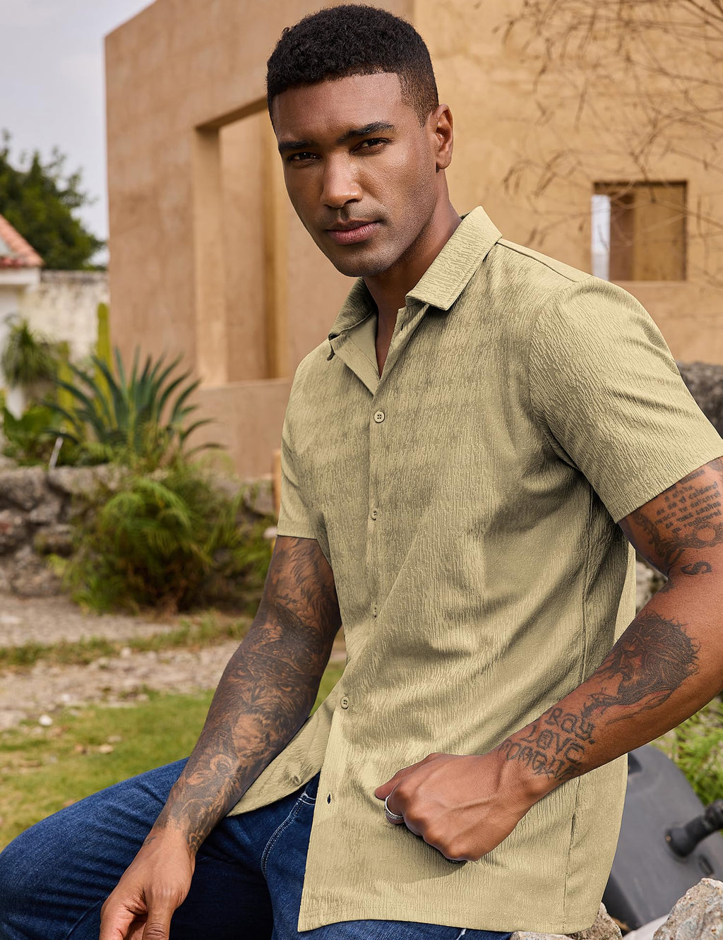 URRU Mens Short Sleeve Dress Shirts Stretch Wrinke Free Casual Button Down Untucked Summer Beach Shirt Light Army Green XL