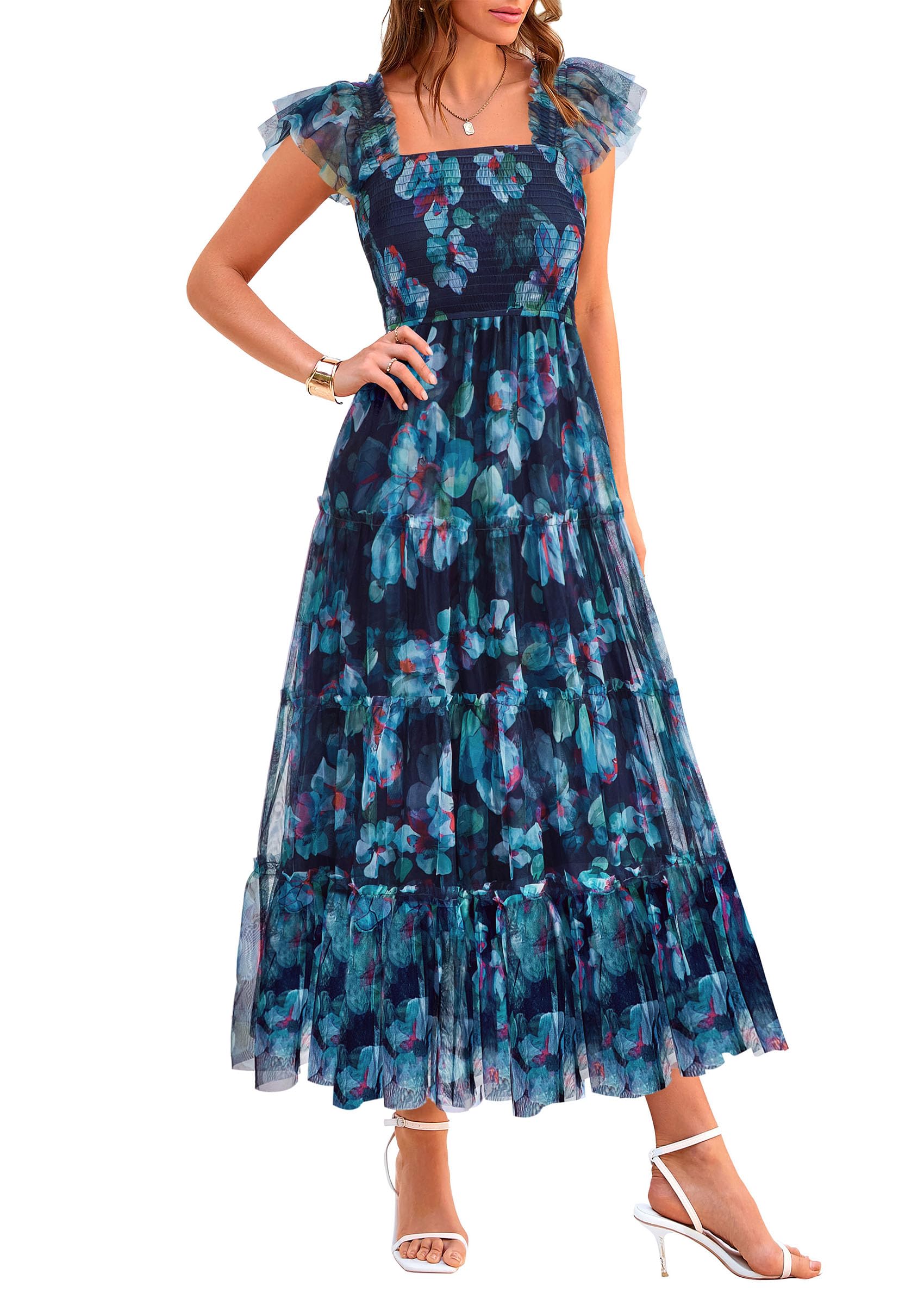 PRETTYGARDEN Women's Summer Tulle Midi Dress Sleeveless Smocked Ruffle Flowy Mesh Dresses Party Wedding Guest Sundress (Floral Navy Blue,Large)