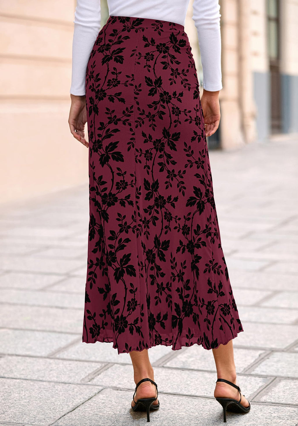 BTFBM Womens Floral Mesh Maxi Skirt 2026 Spring Summer Elastic High Waisted Boho Elegant Mermaid Long Skirts for Women(Burgundy, Medium)