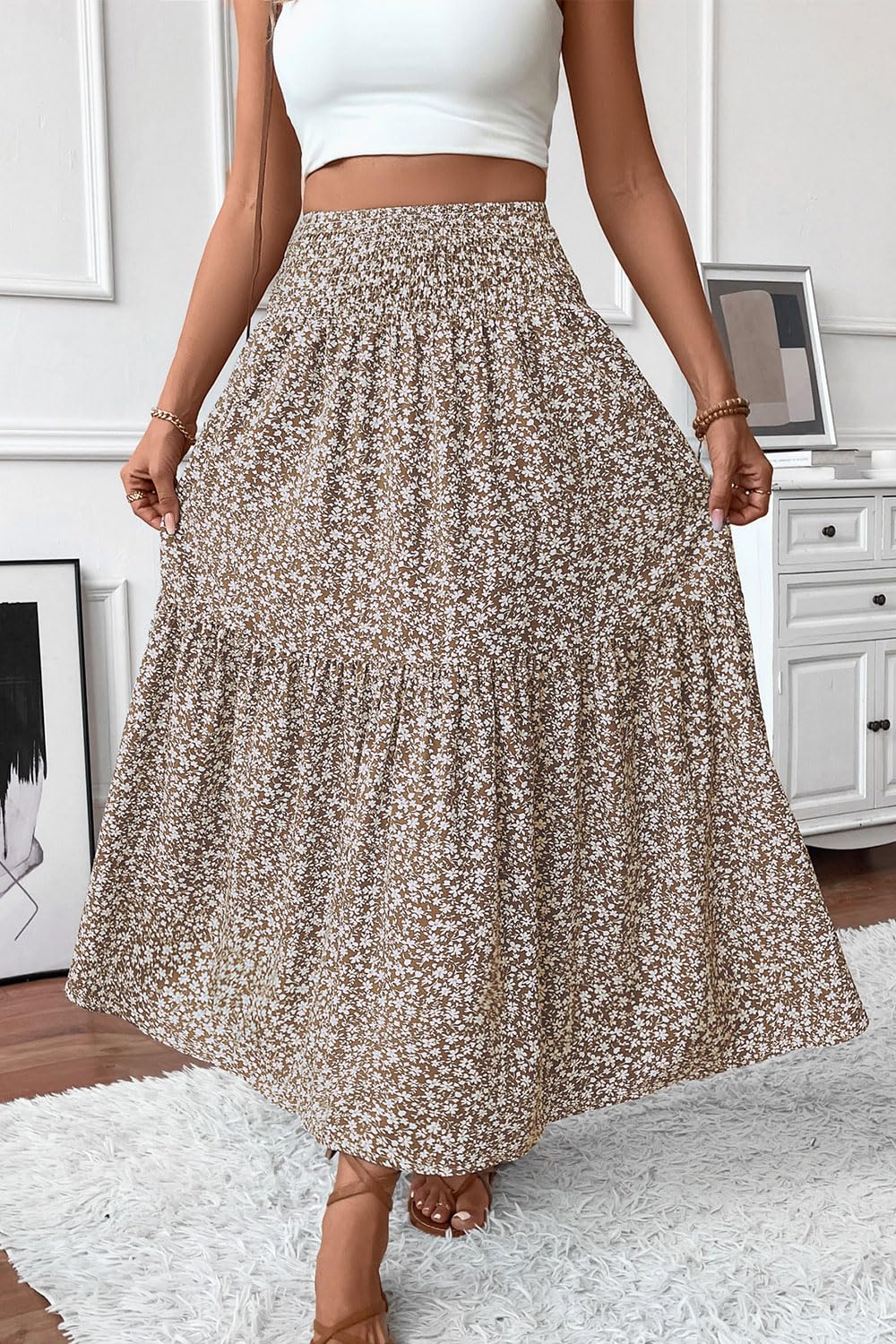 TuoGo Women's Smocked High Waist Maxi Long Skirt with Pockets (L,932-Khaki Floral)