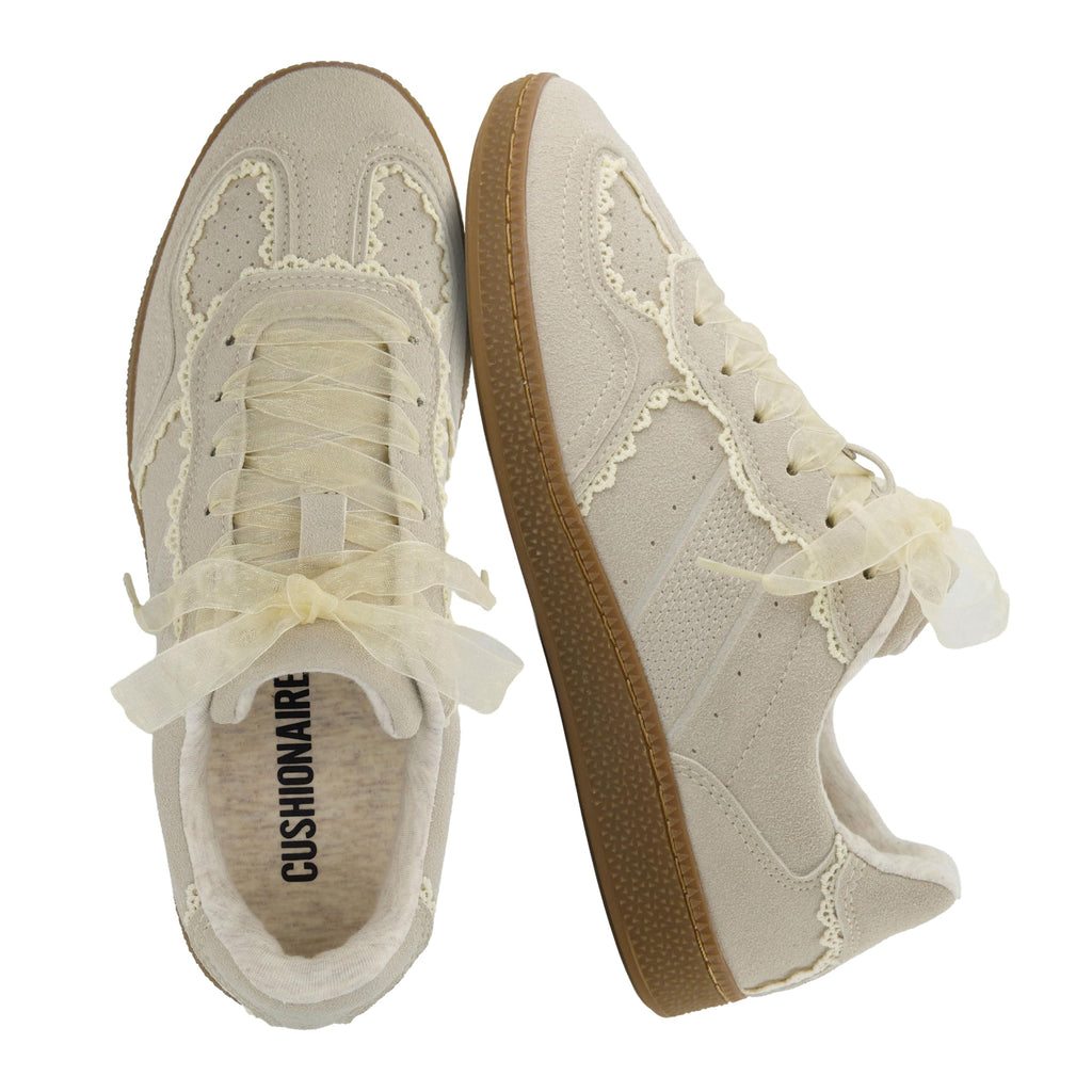 CUSHIONAIRE Belinda Women’s Lace Detail Casual Sneakers – Elegant Ribbon Lace-Up Summer Shoes for Women with Memory Foam, IVORY 9W