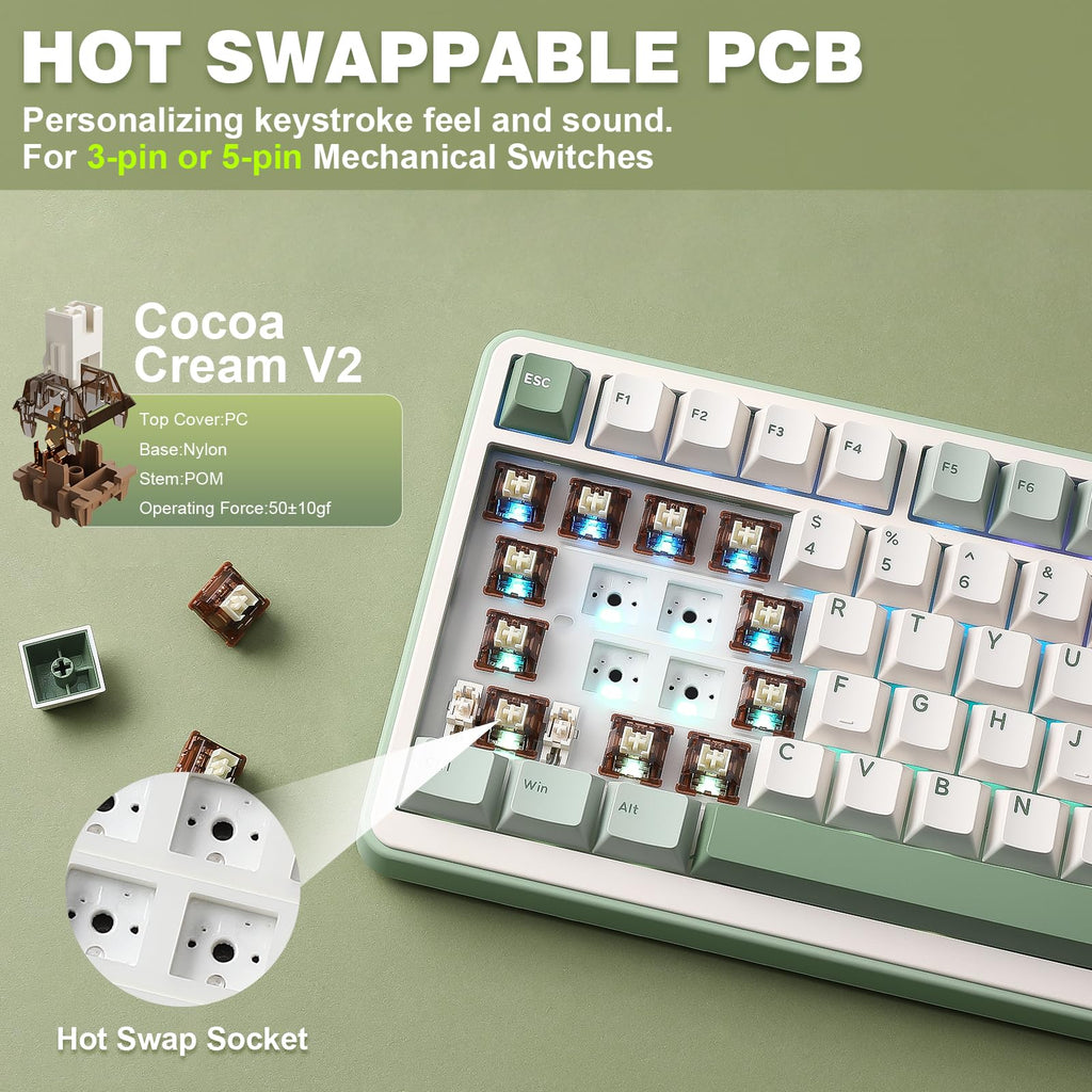 YUNZII B75 PRO Wireless Mechanical Keyboard,75% Layout with Knob,Hot Swap Gasket Structure,Creamy Pre-lubed Switches,RGB Backlit,Bluetooth/Type-C/2.4G for Win/Mac (Matcha Green, Cocoa Cream V2 Switch)