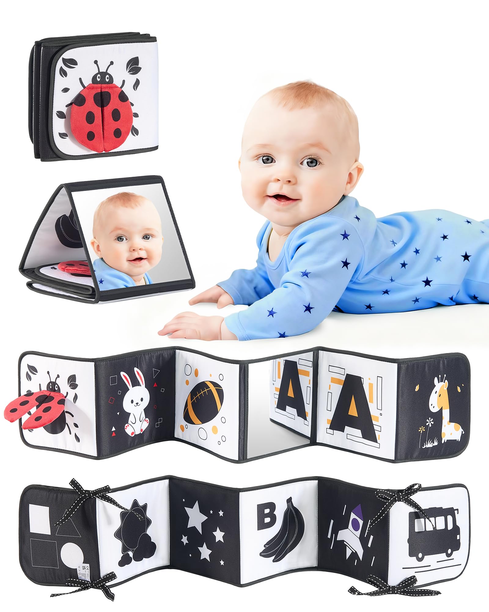 High Contrast Black and White Baby Toys for Newborn 0-6 Months – Contrast Cards & Sensory Baby Book with Mirror – Tummy Time Infant Toys for Visual Stimulation, Early Learning & Brain Development
