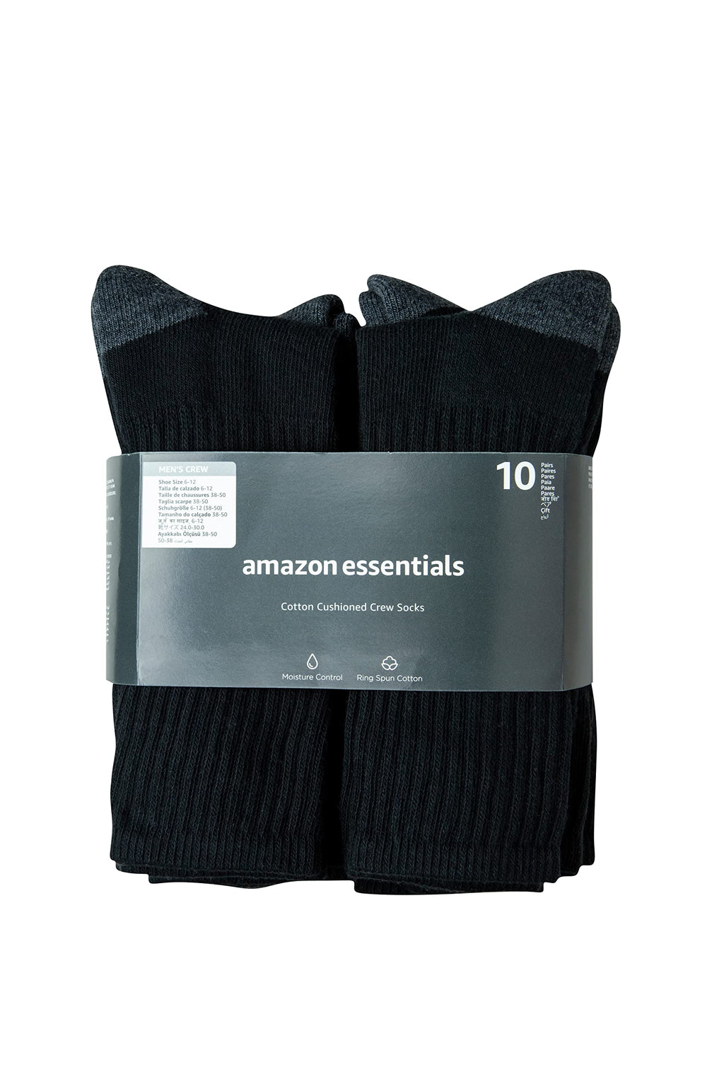 Amazon Essentials Men's Standard 10-Pack Cotton Half Cushioned Crew Socks, Black, Shoe Size: 6-12