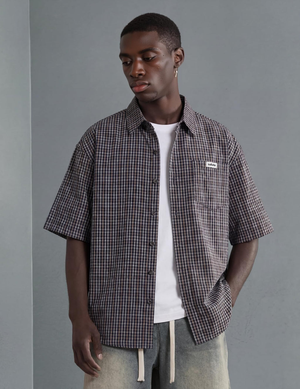 Vamtac Mens Button Down Shirts - Short Sleeve Shirt, Novelty Y2k Outfits, Plaid Tops Blue Brown