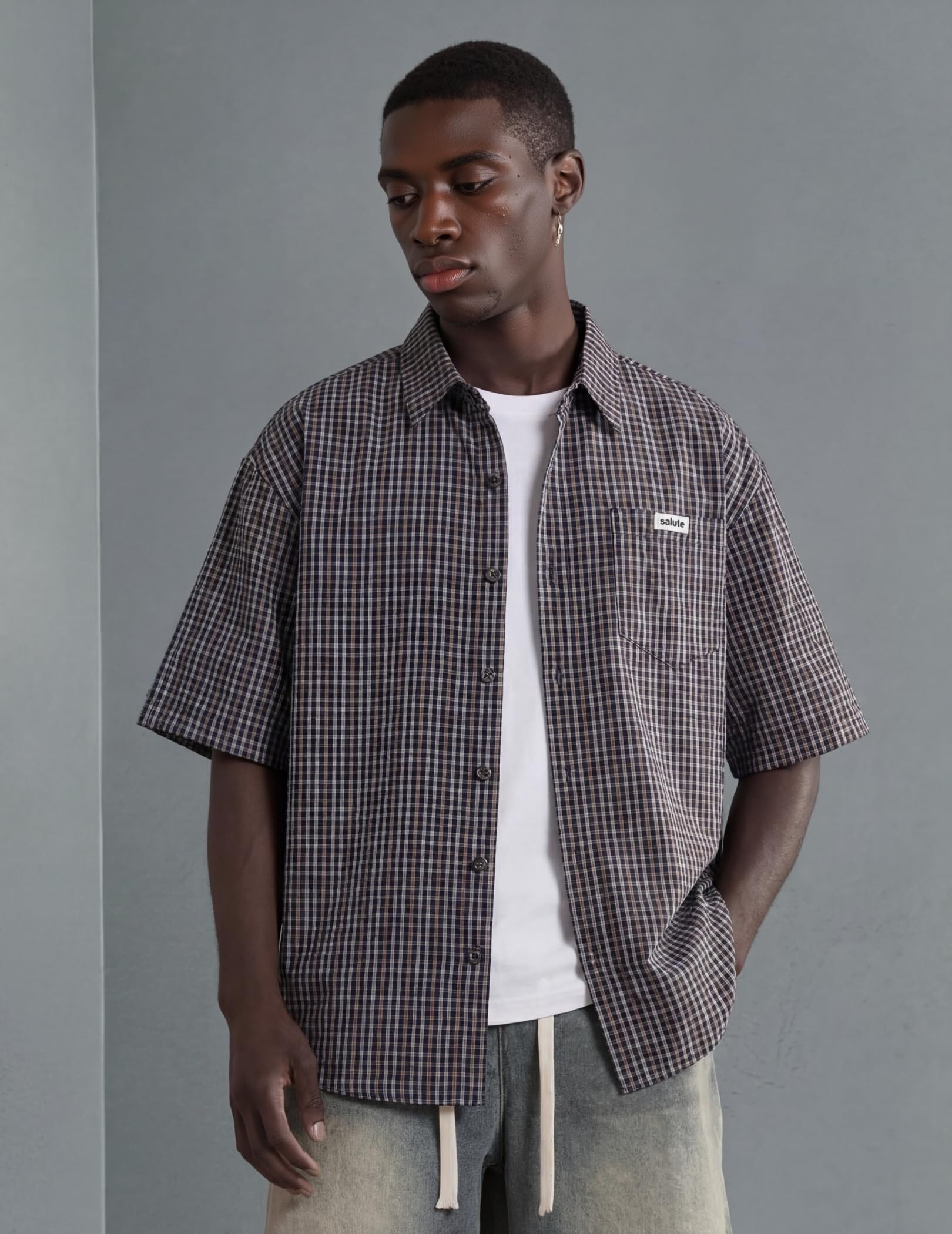 Vamtac Mens Button Down Shirts - Short Sleeve Shirt, Novelty Y2k Outfits, Plaid Tops Blue Brown