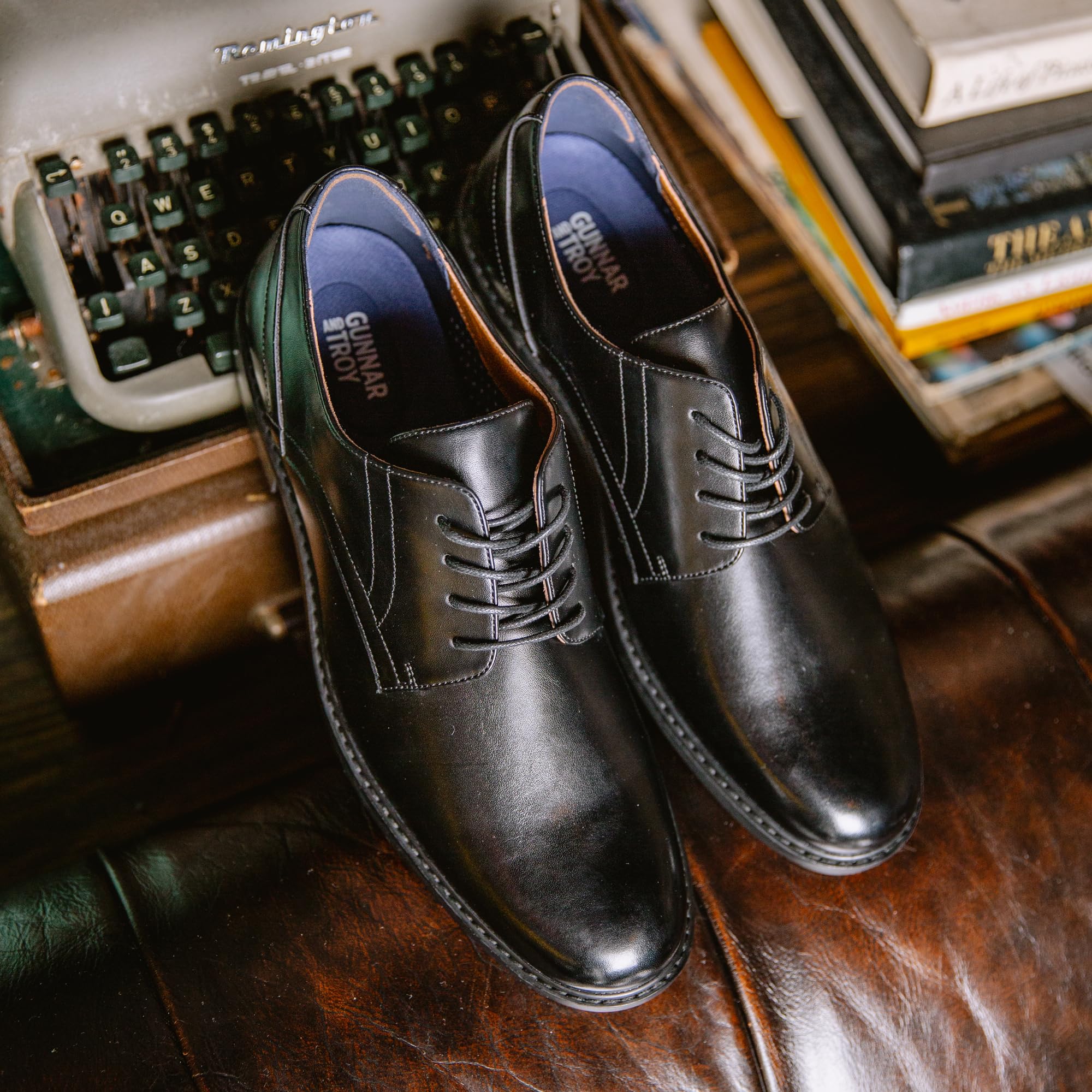 Gunnar and Troy Thorsson Oxford Men's Dress Shoes | PU Leather Classic Wingtip Oxford for Men | Cushioned Dual Density Footbed Tuxedo Shoes | Ironhide Black | 10.5