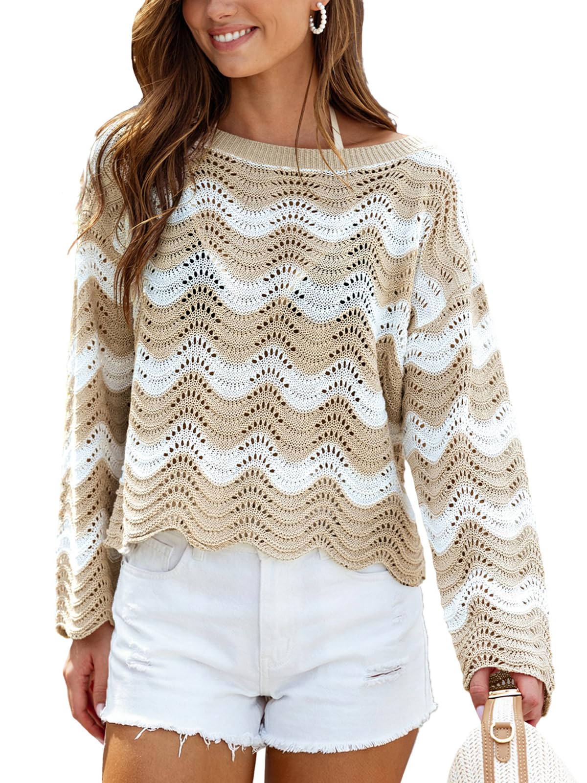CUPSHE Women's Crochet Cover Up Long Sleeve Striped Beach Cover Up Top Summer Casual Knit Tops for Swimwear(Top Only) Neutral Stripes, M