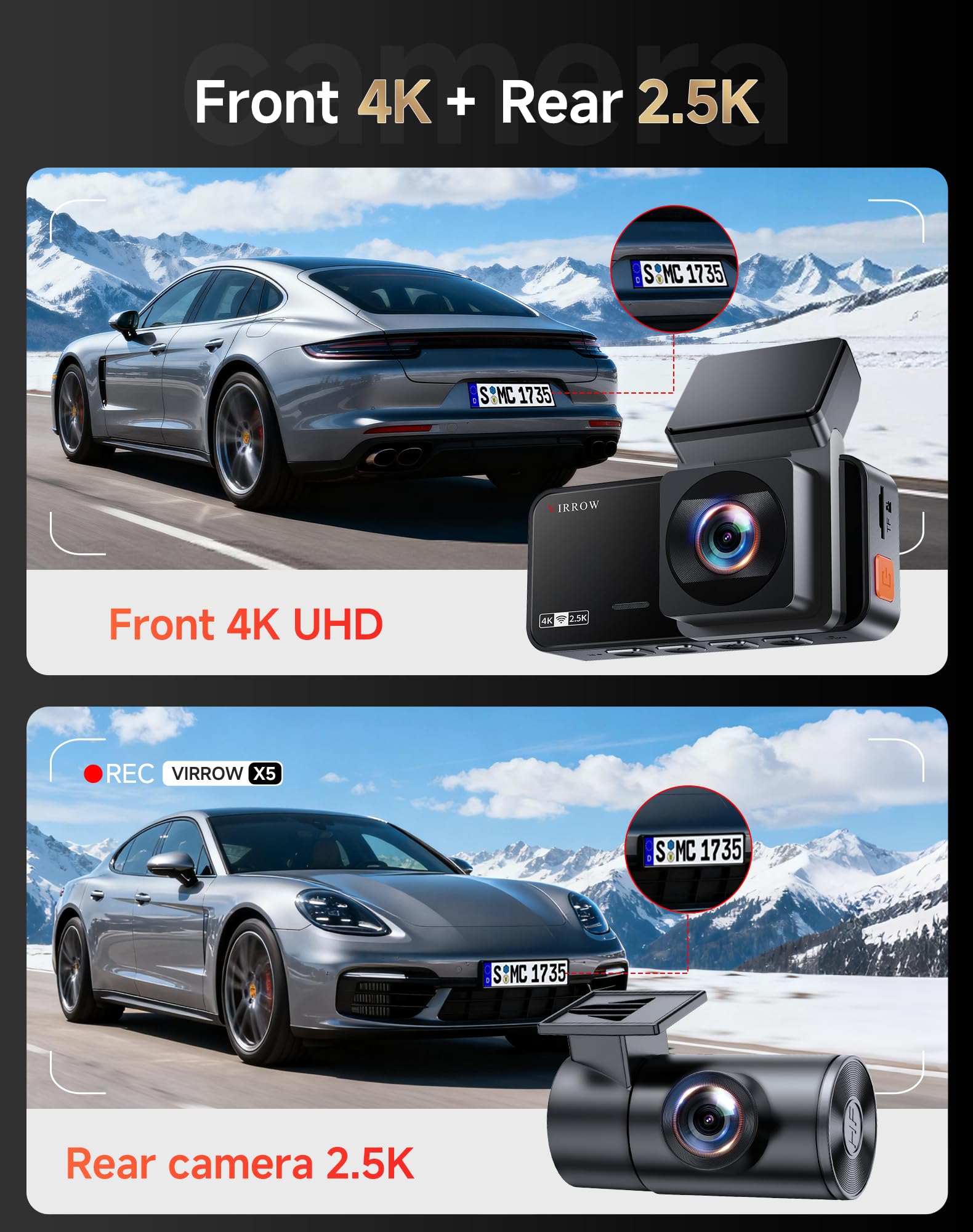 VIRROW Dash Cam Front and Rear: 4K+2.5K Dash Camera for Cars with Touch Screen 3.39" - Dashcam with WiFi APP Control 64GB Parking Mode Night Vision Loop Recording Emergency Lock (X5)