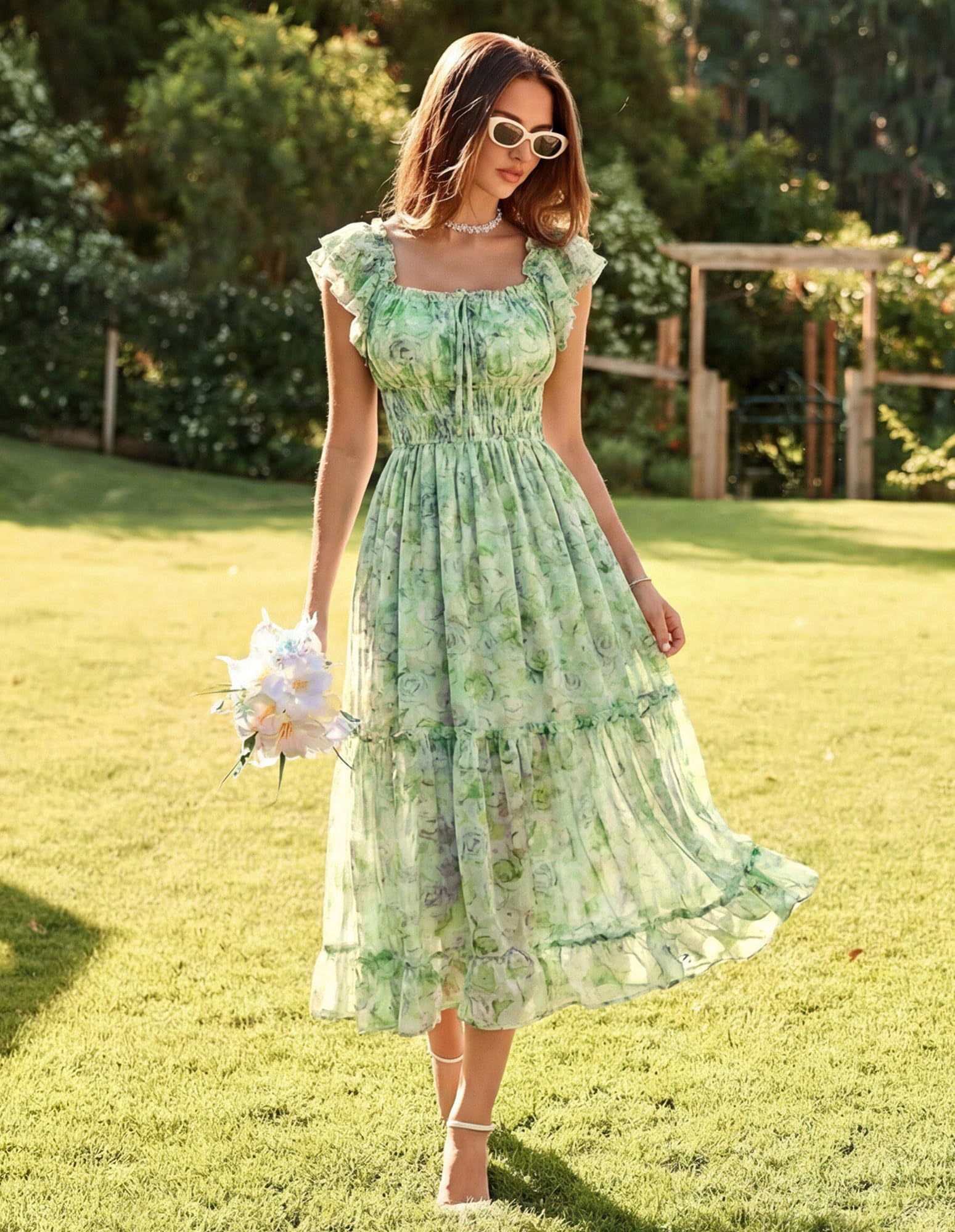 GRACE KARIN 2026 Women's Spring Floral Midi Dress Beach Wedding Guest Dresses Flowy A Line Casual Summer Clothes Green XL