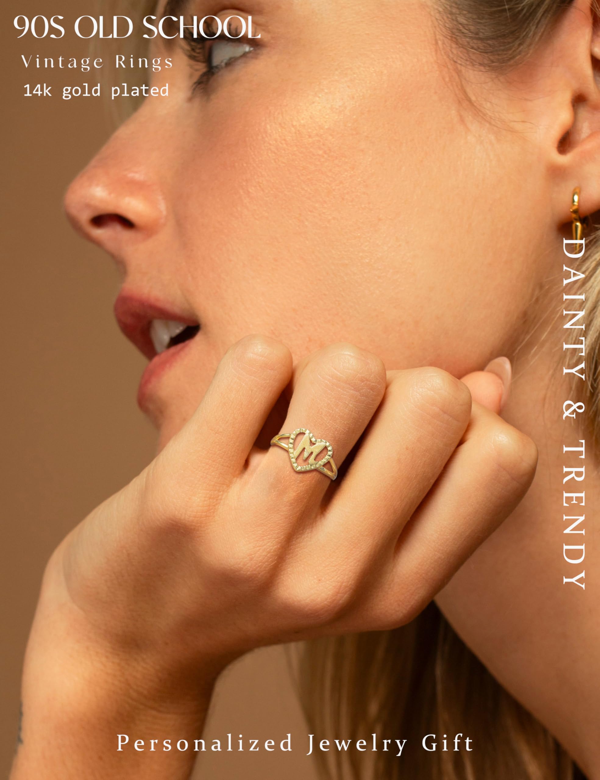 RLMOON Gold Initial Rings for Women Non Tarnish 14K Gold Plated Vintage Heart Love Rings Personalized Carved Letter A Statement Stackable Rings Size 7 Jewelry Gifts
